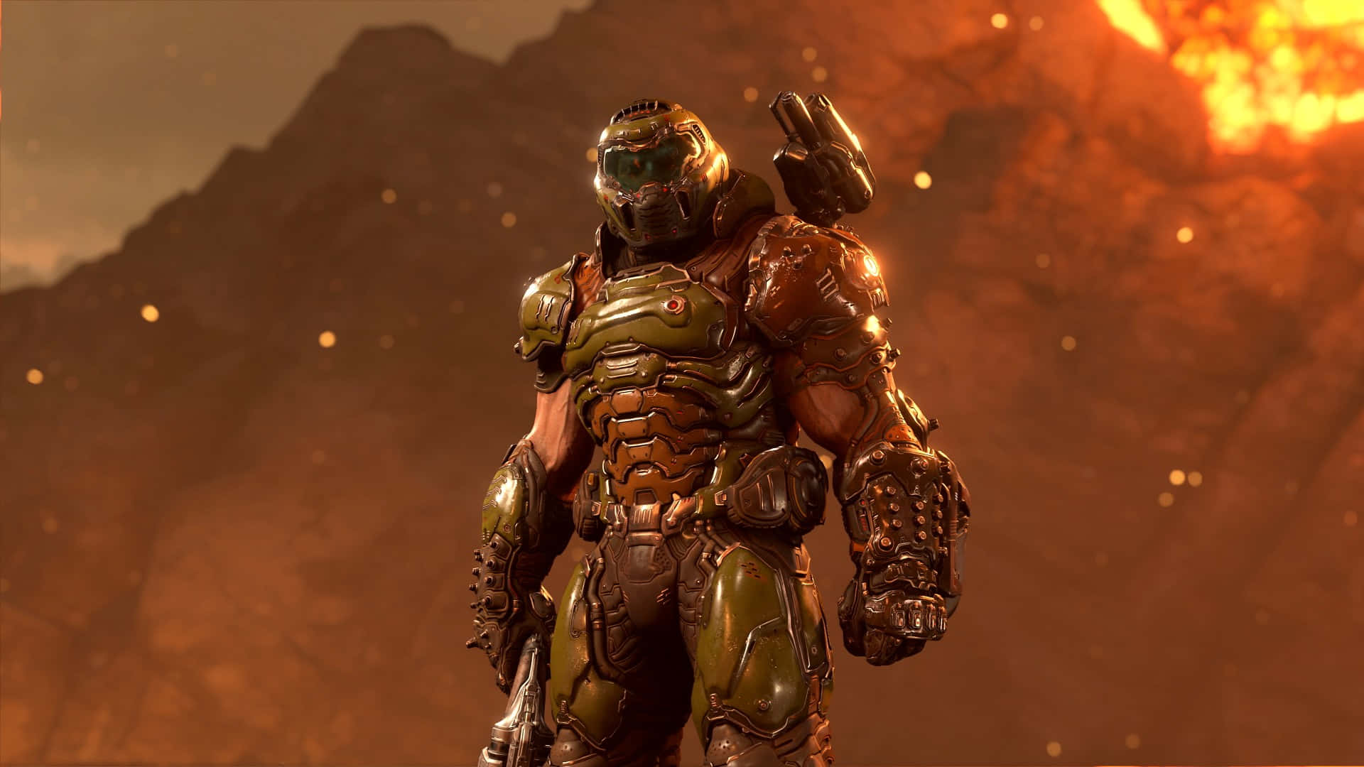 Doom Slayer, heavily armored space marine, fiery alien landscape, Full HD Desktop Wallpaper