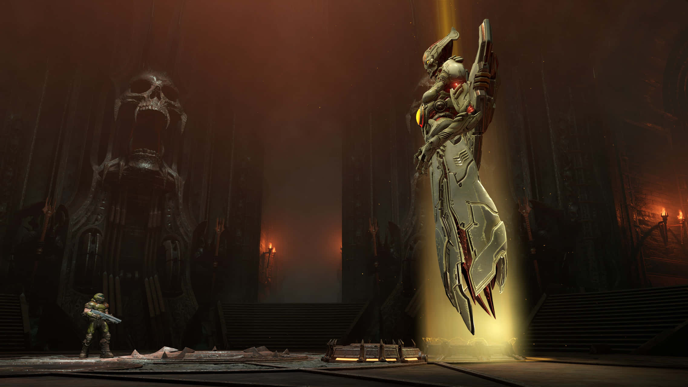 Doom Slayer, alien entity, cathedral-like ruin, Full HD Desktop Wallpaper