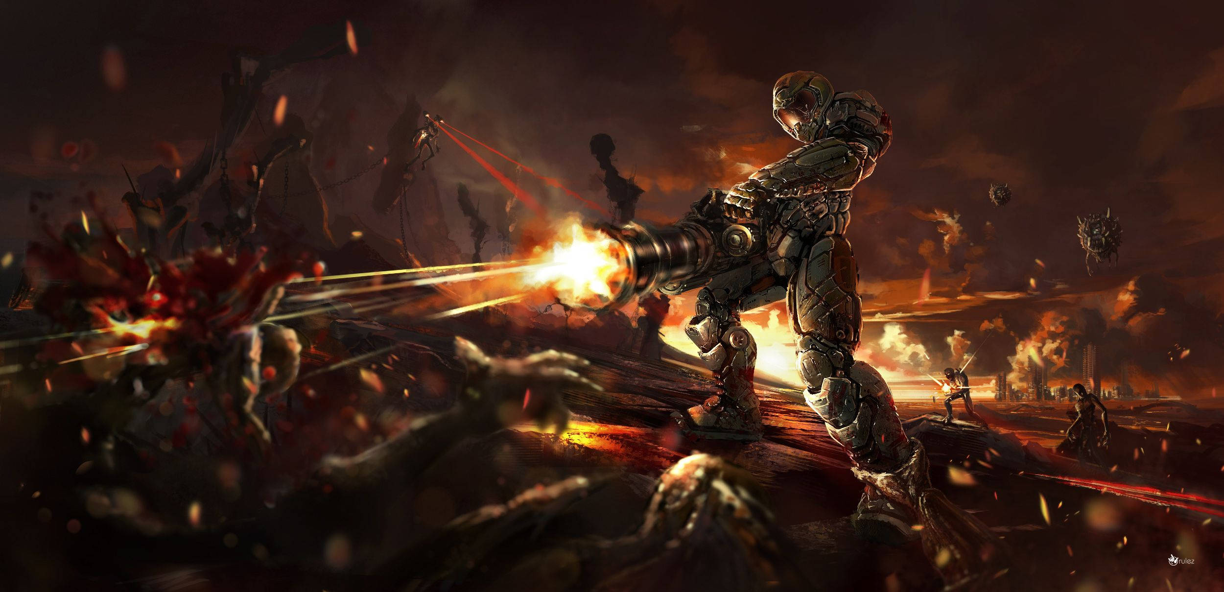 Doom, heavily armored warrior, blazing cannon, Full HD Desktop Wallpaper