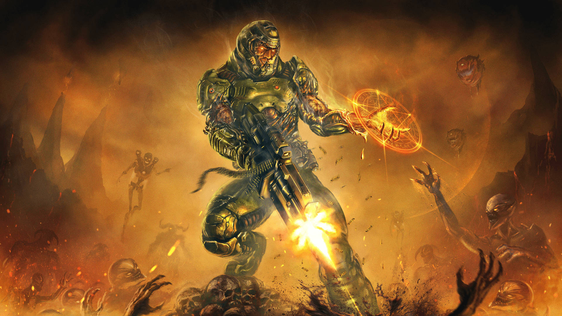 Doom, first-person shooter game, glowing weapon, Full HD Desktop Wallpaper
