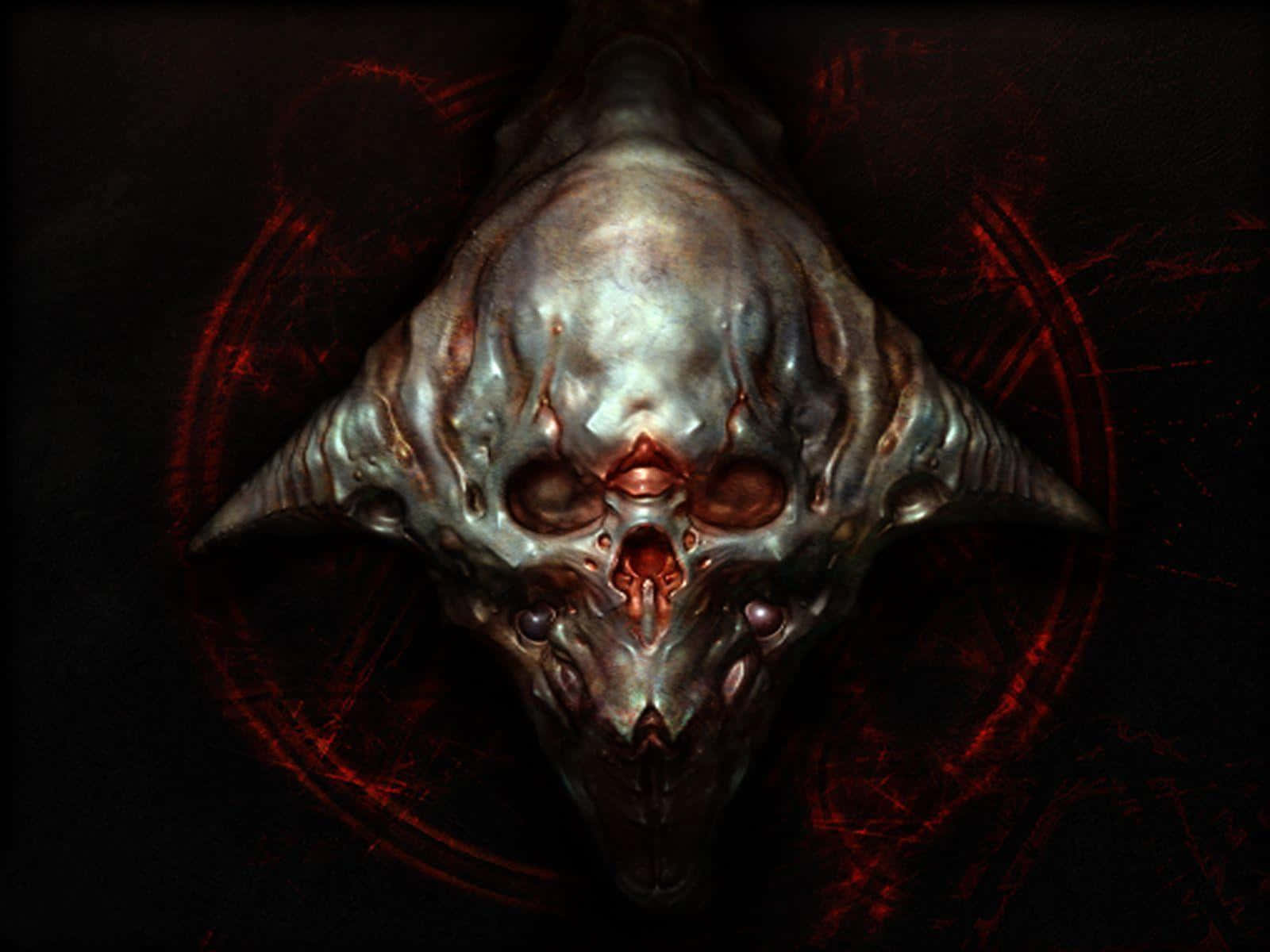 Doom 3, metallic alien skull, glowing red eyes, HD Desktop Wallpaper