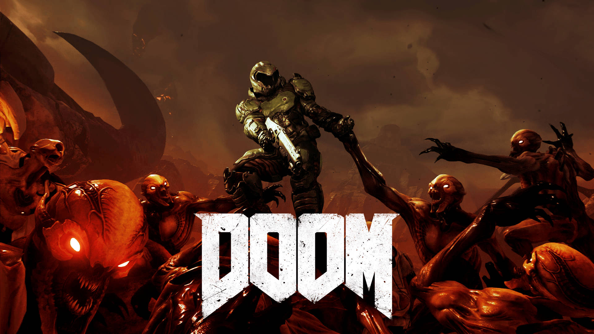 Doom, heavily armored soldier, grotesque demonic creatures, Full HD Desktop Wallpaper