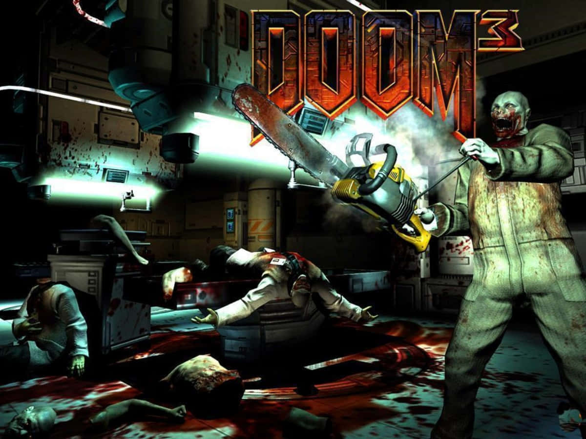 Doom 3, chainsaw-wielding zombie, bloodied industrial lab, SD Desktop Wallpaper