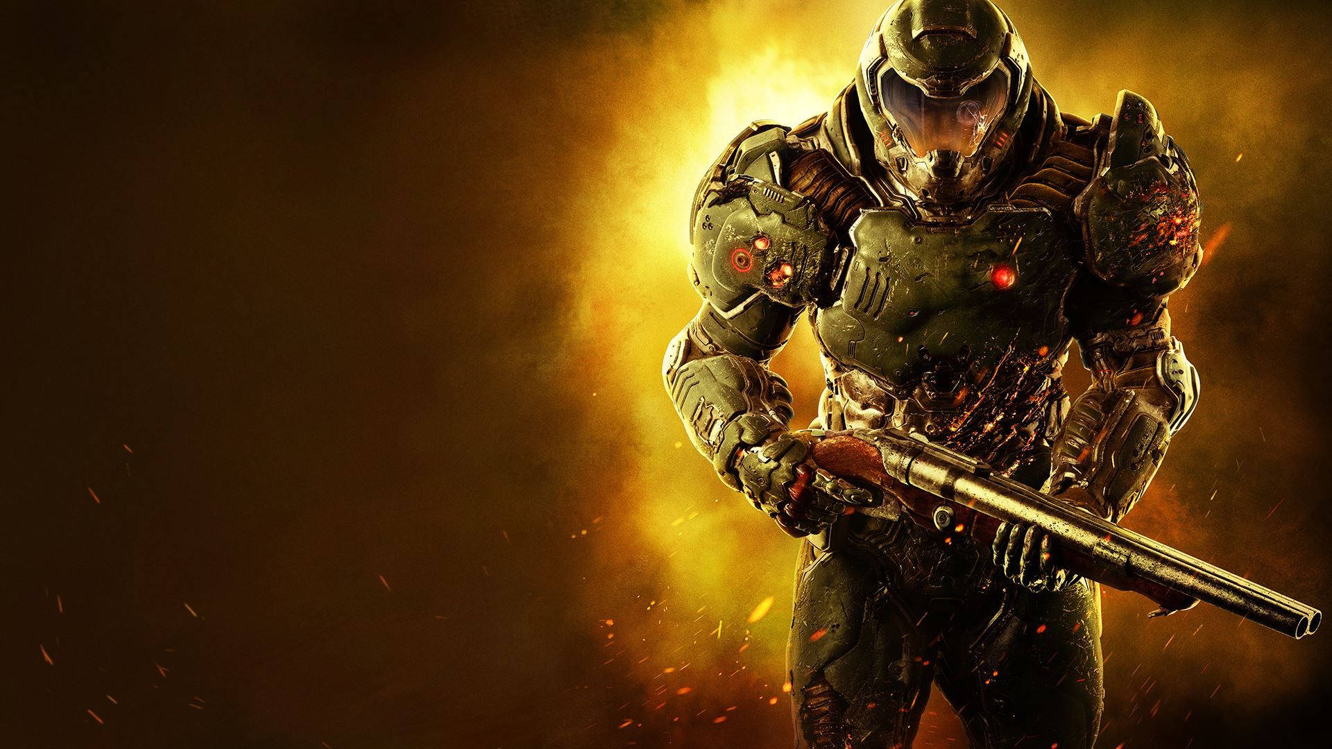 DOOM, dark green power armor, shotgun, Full HD Desktop Wallpaper