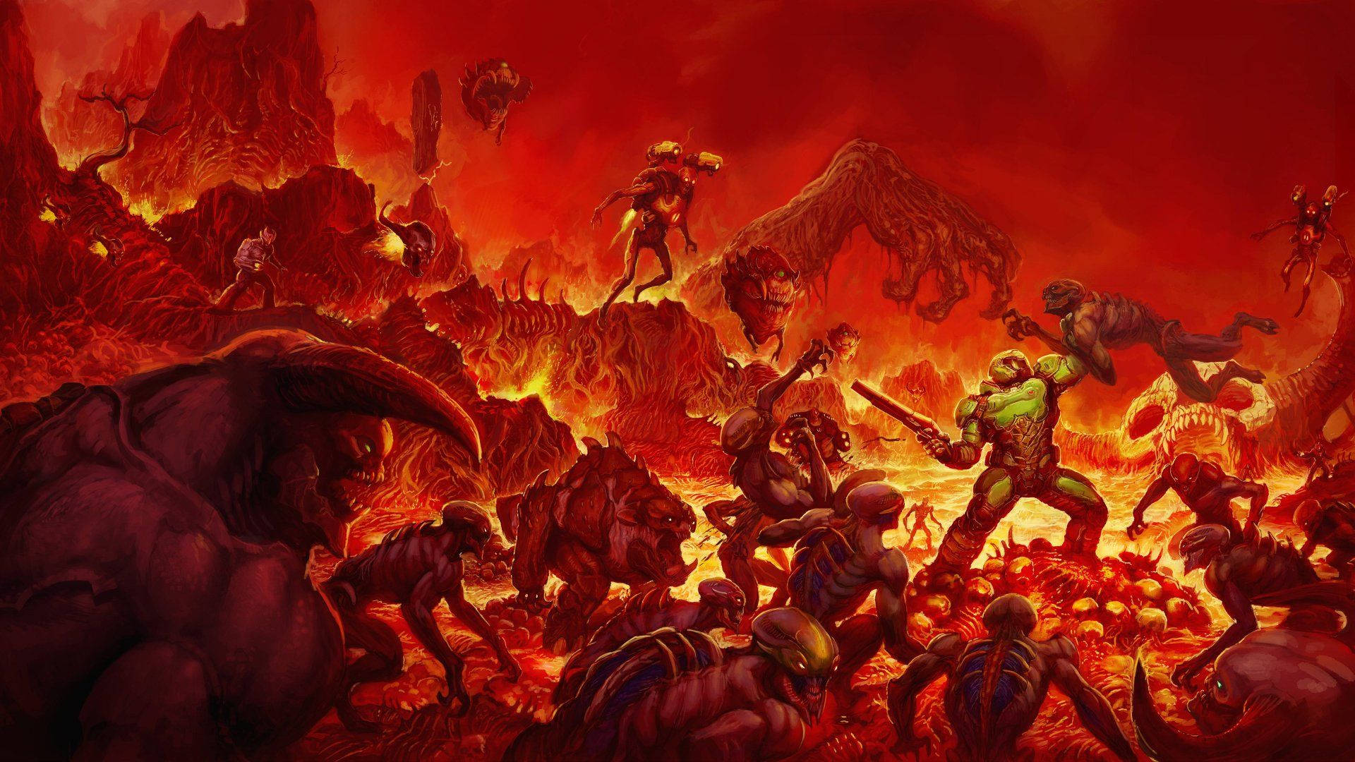 Doom, green-armored warrior, fiery hellish landscape, Full HD Desktop Wallpaper