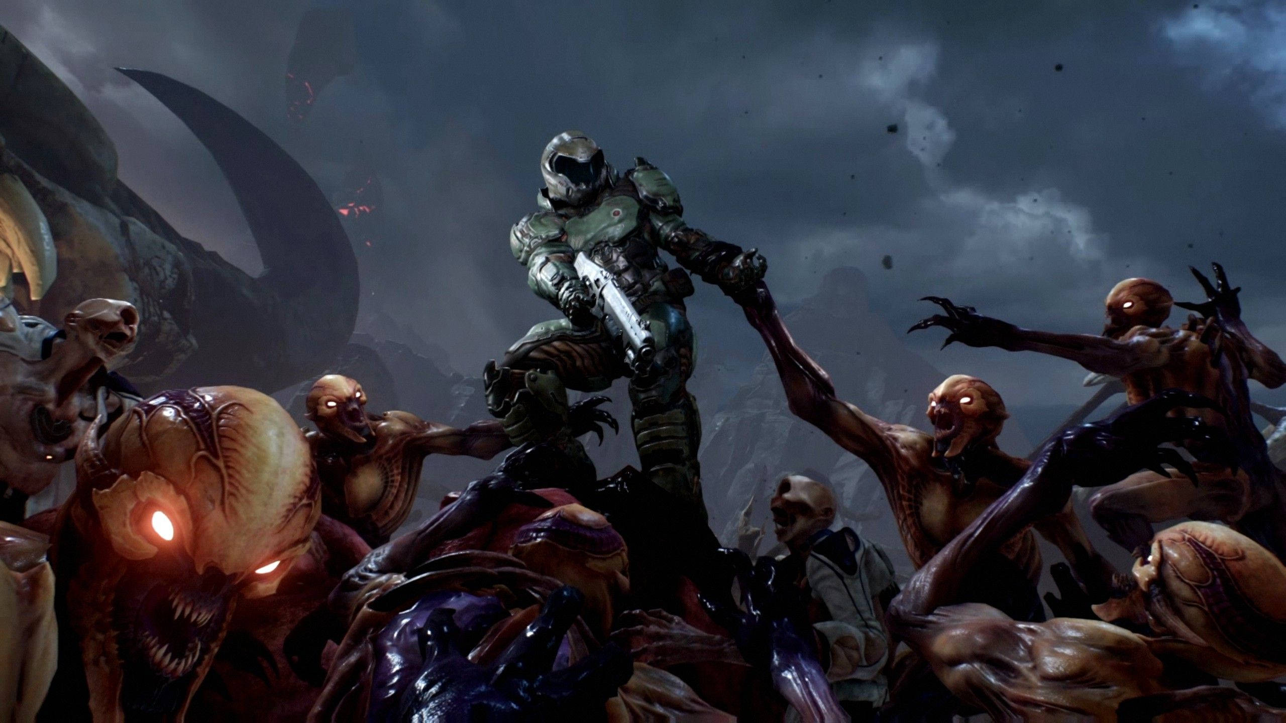 Doom, soldier, grotesque alien creatures, 2K Desktop Wallpaper
