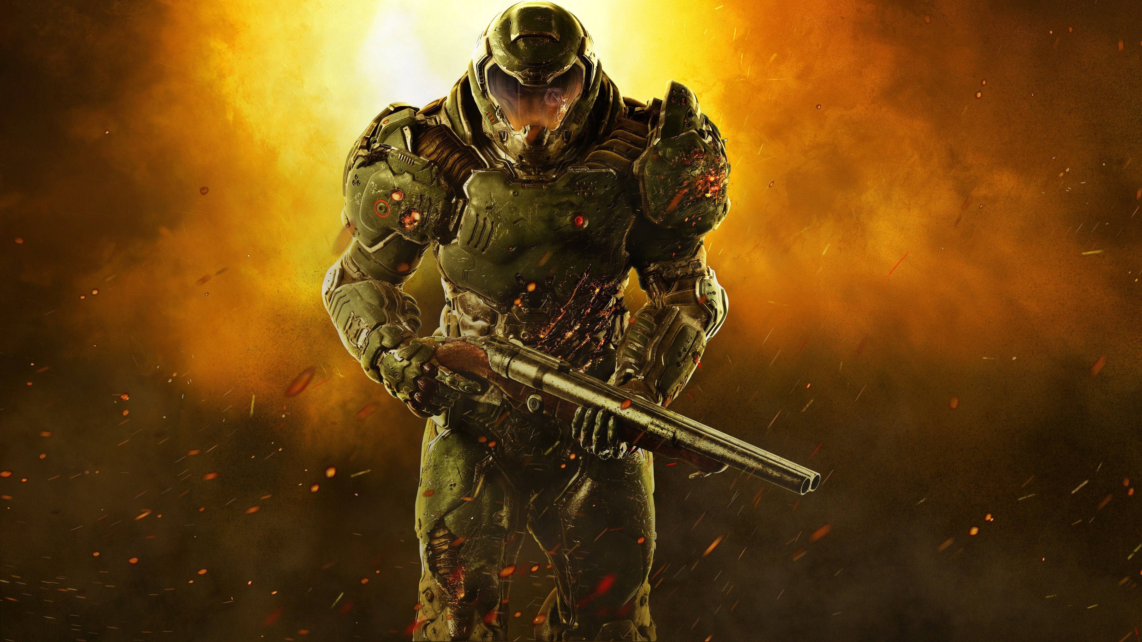 DOOM, green power armor, shotgun, 4K Desktop Wallpaper