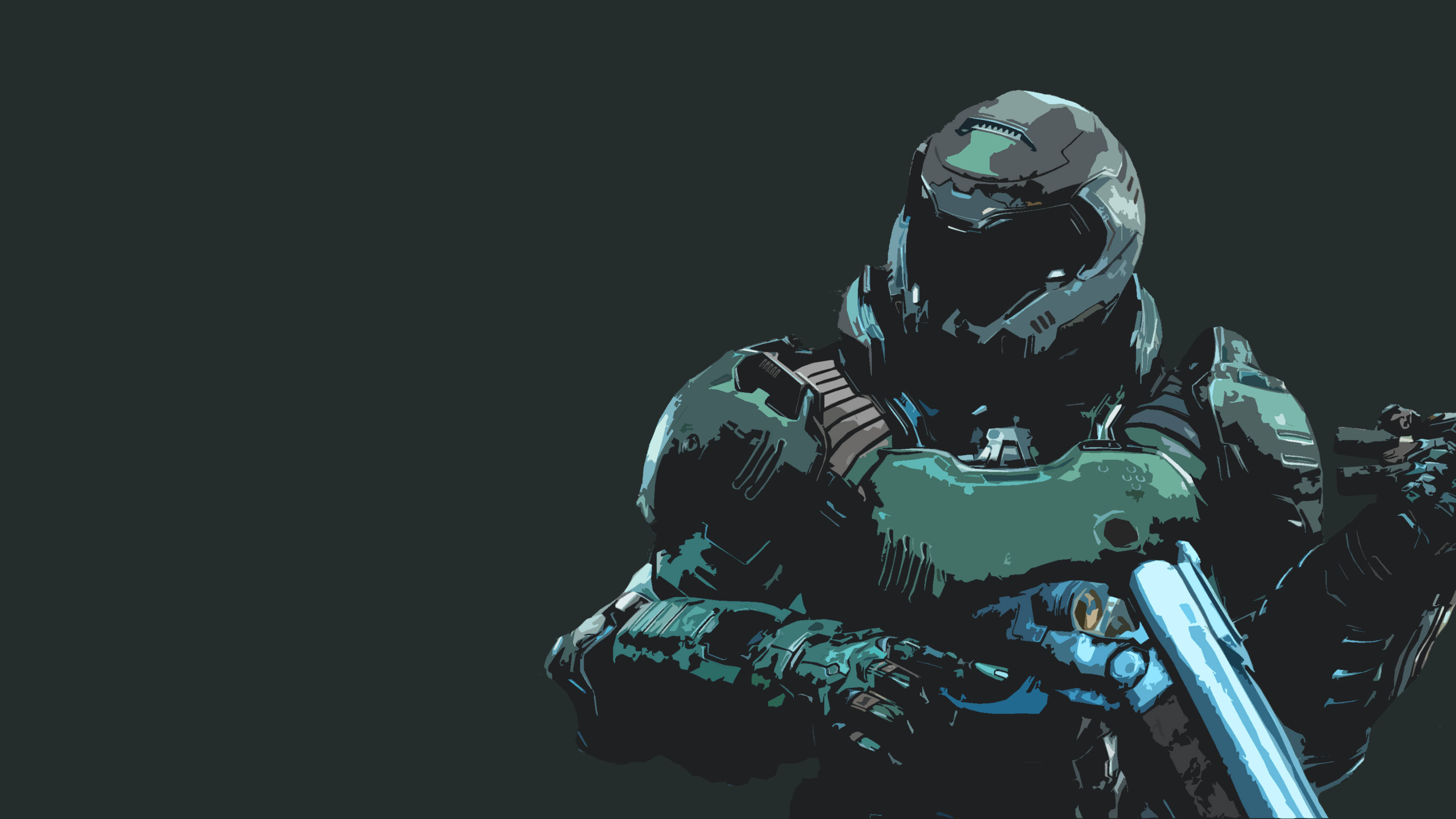 Doom, teal and black gear, glowing blue weapon, 4K Desktop Wallpaper