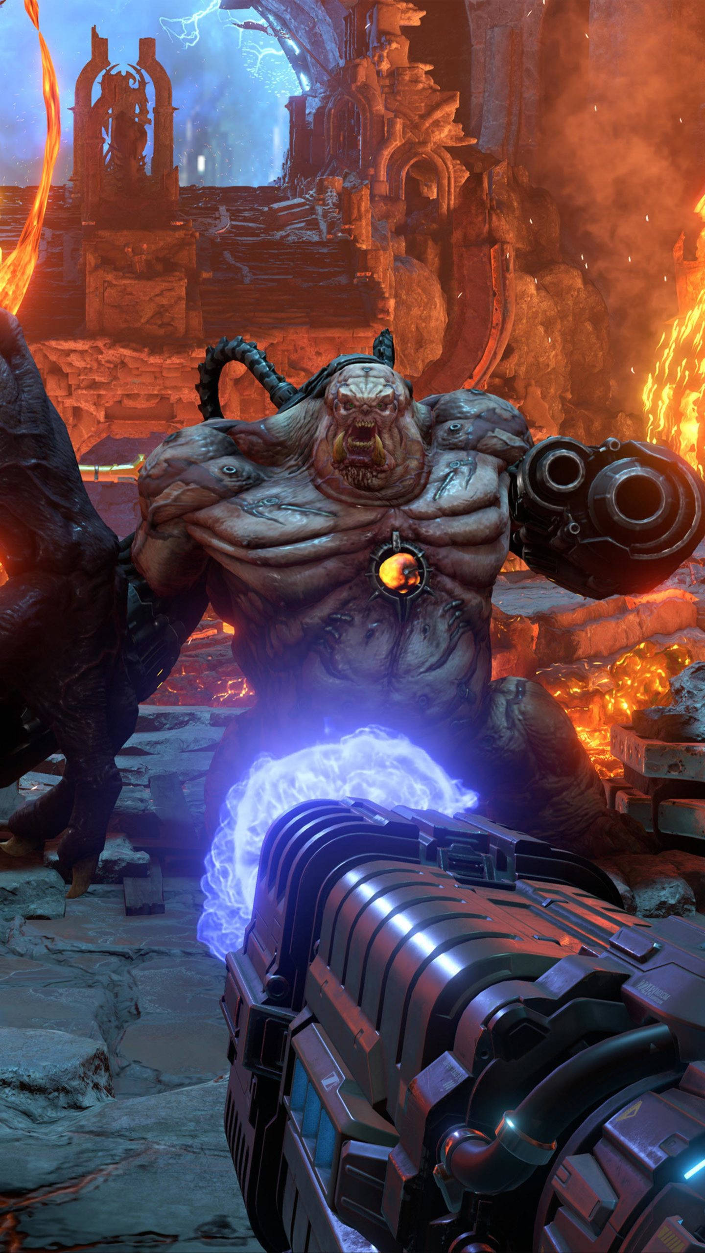 Doom, glowing weapon, massive demonic boss, 2K Phone Wallpaper