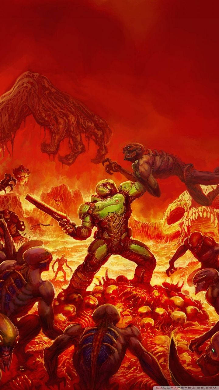 Doom, green-armored warrior, grotesque monsters, HD Phone Wallpaper