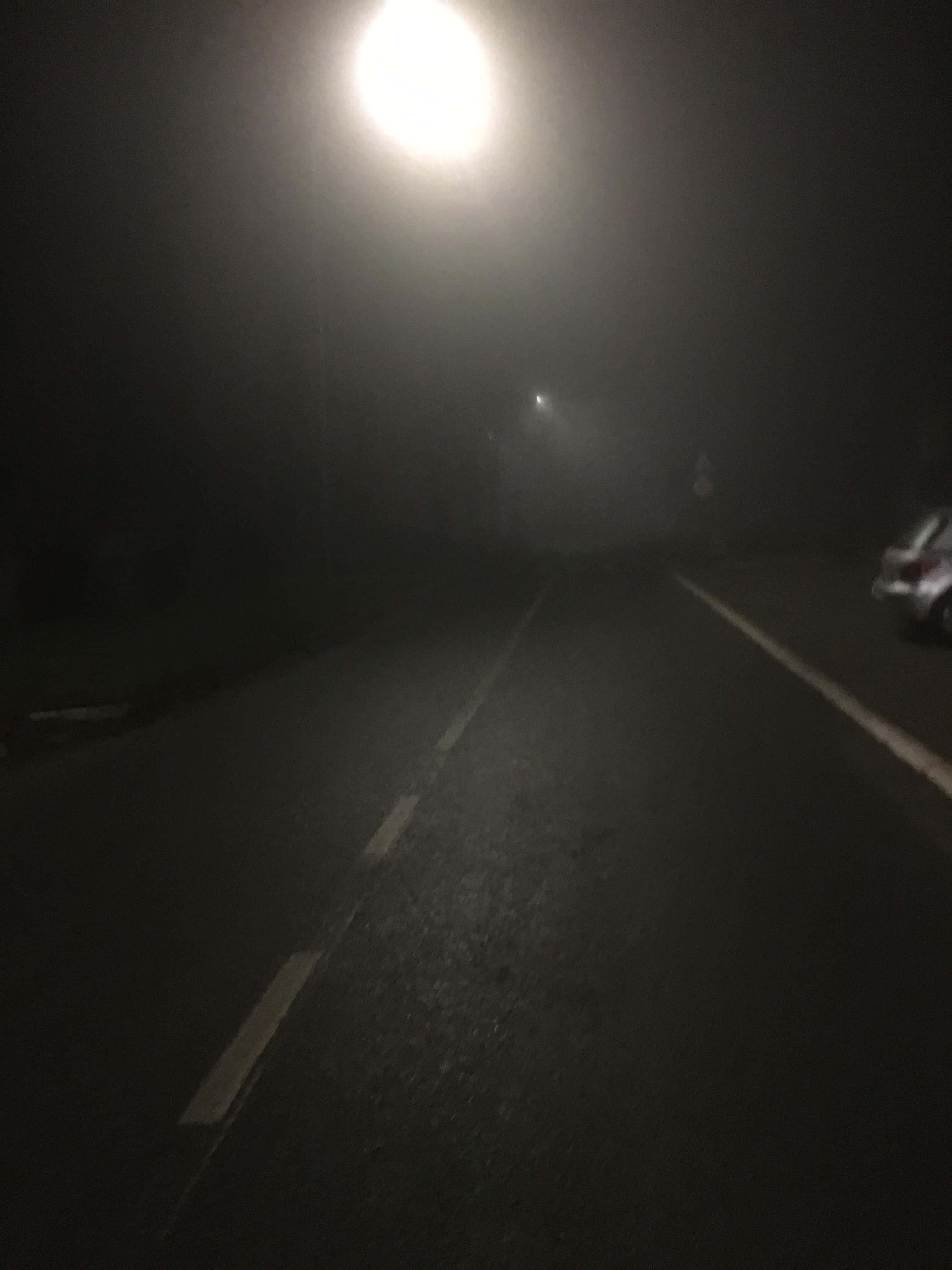 Doomer, foggy night road, streetlamp, 4K Phone Wallpaper