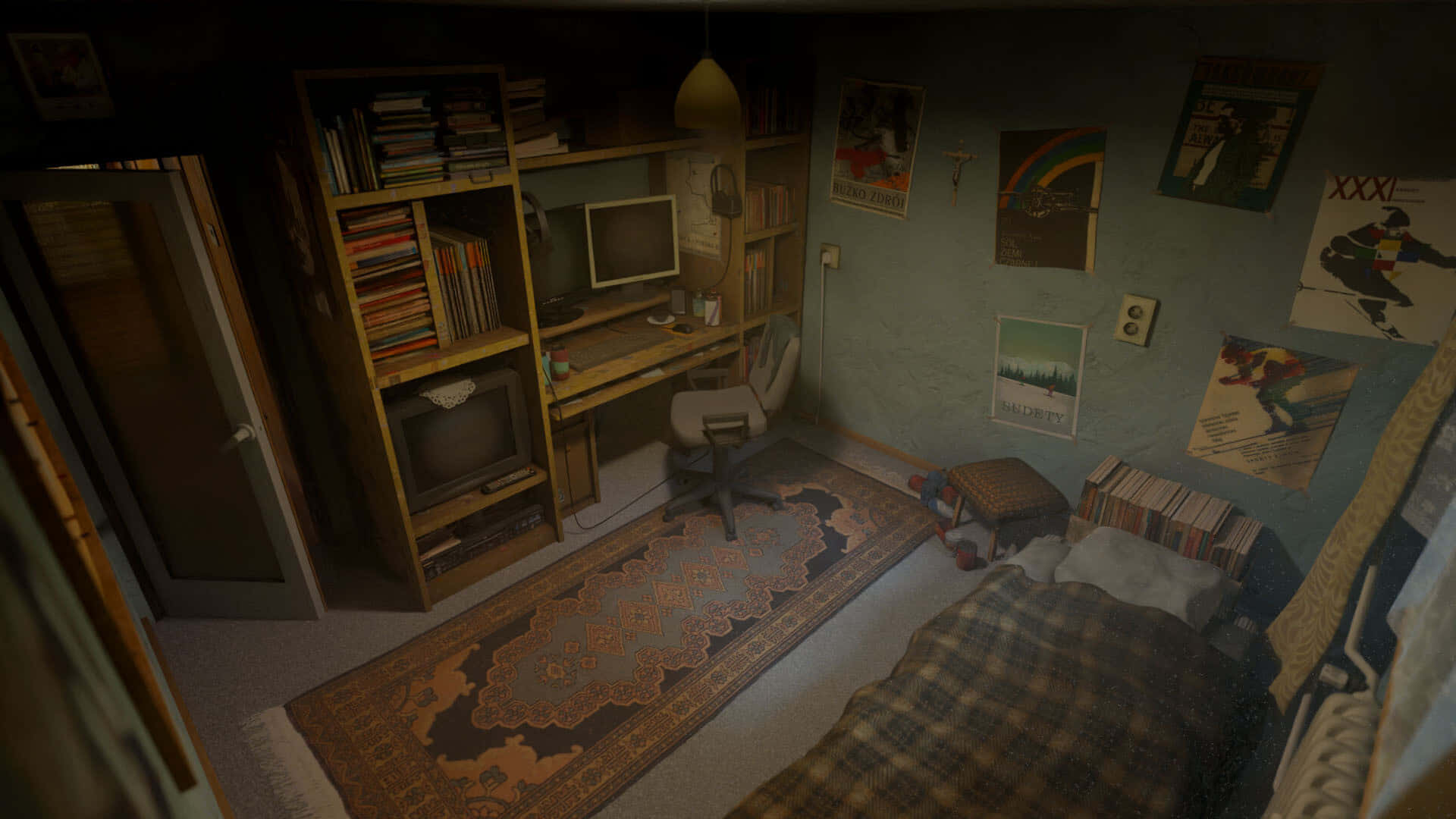 DOOMer, retro bedroom, wooden desk computer, Full HD Desktop Wallpaper