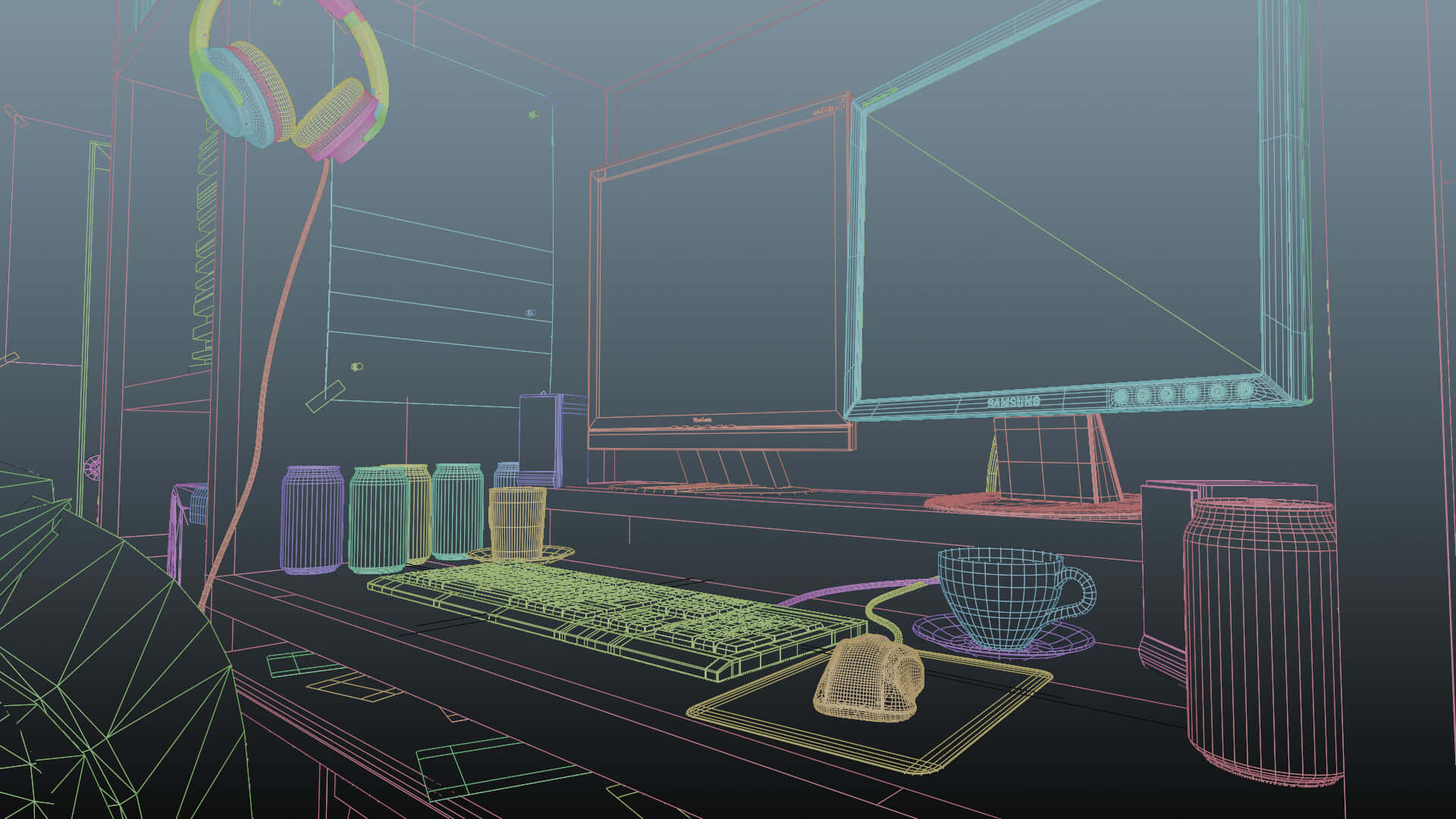 Doomer, wireframe digital workspace, glowing outlines, Full HD Desktop Wallpaper