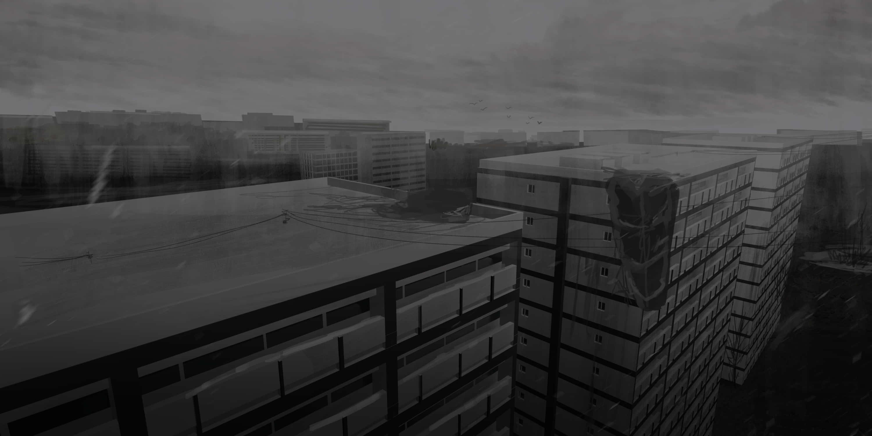 black and white drawing, city with buildings, monochrome urban skyline, 2K Desktop Wallpaper