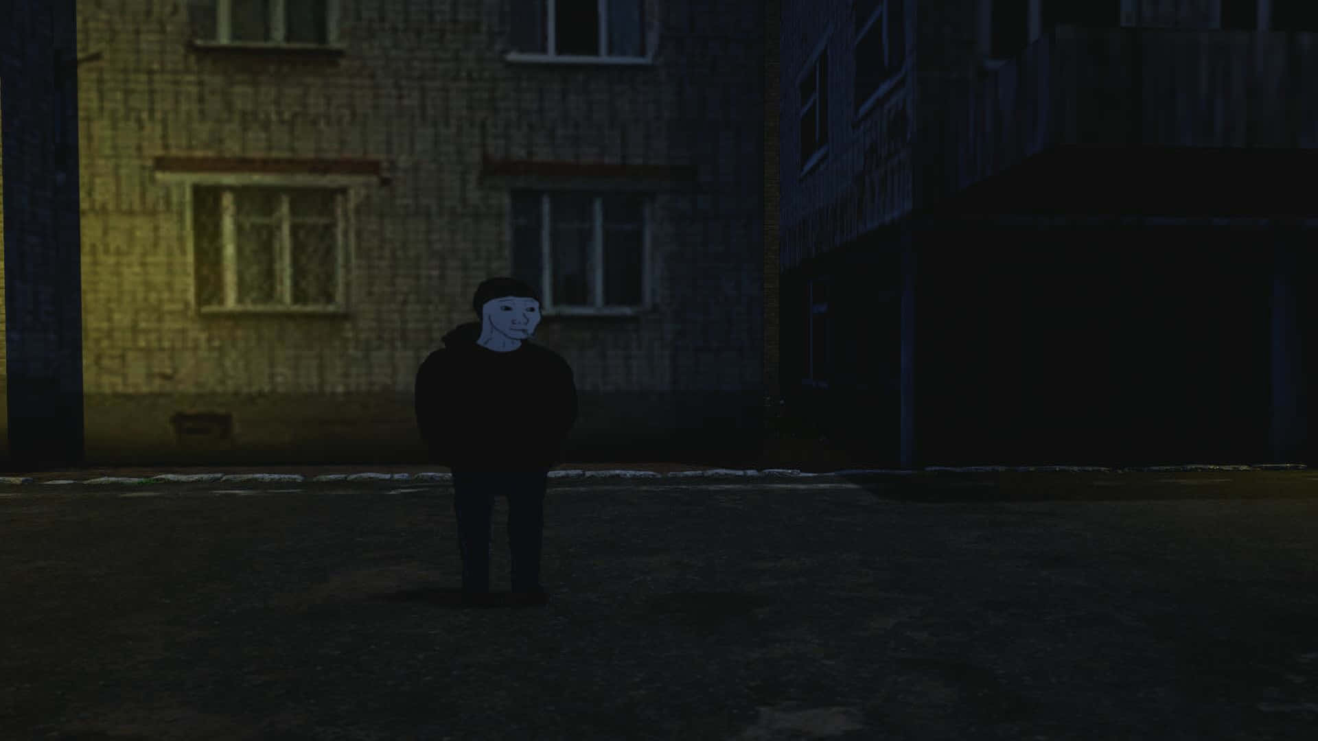 Doomer, white mask, dimly lit urban alley, Full HD Desktop Wallpaper