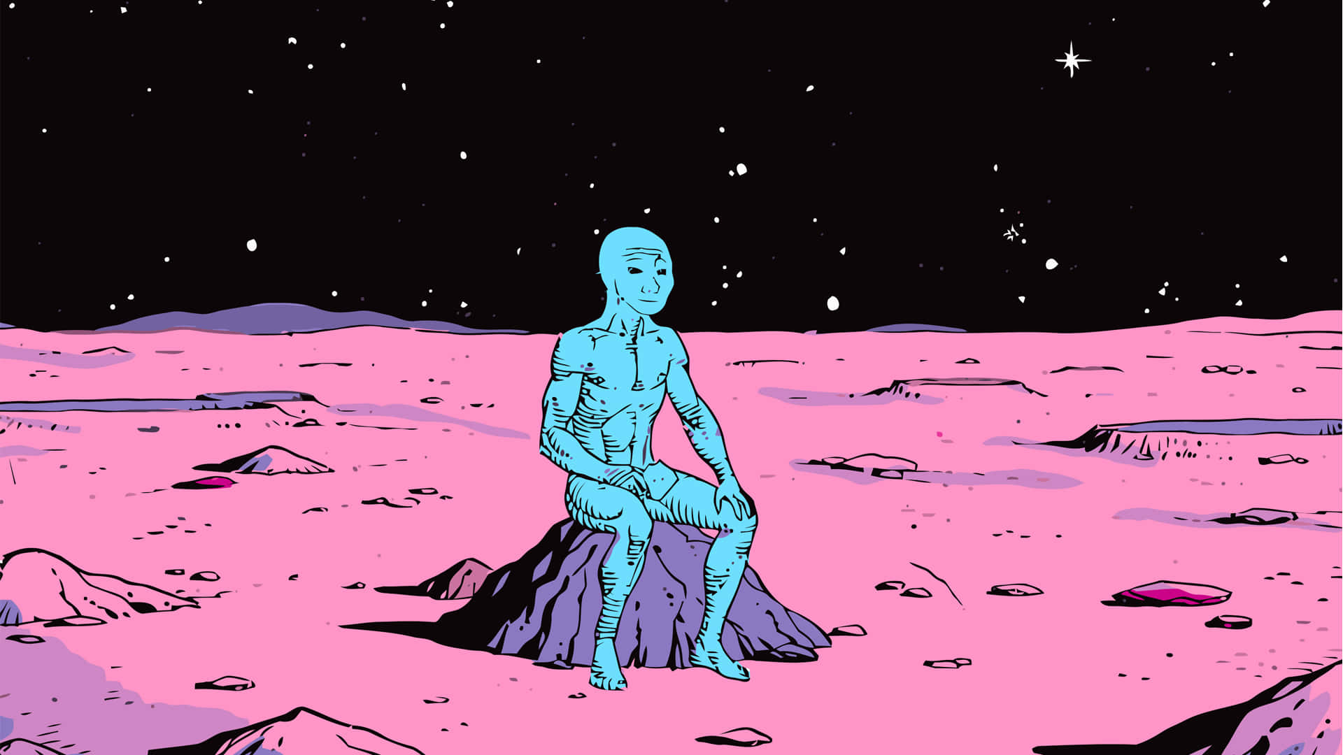Doomer, cyan humanoid figure, purple rock, Full HD Desktop Wallpaper