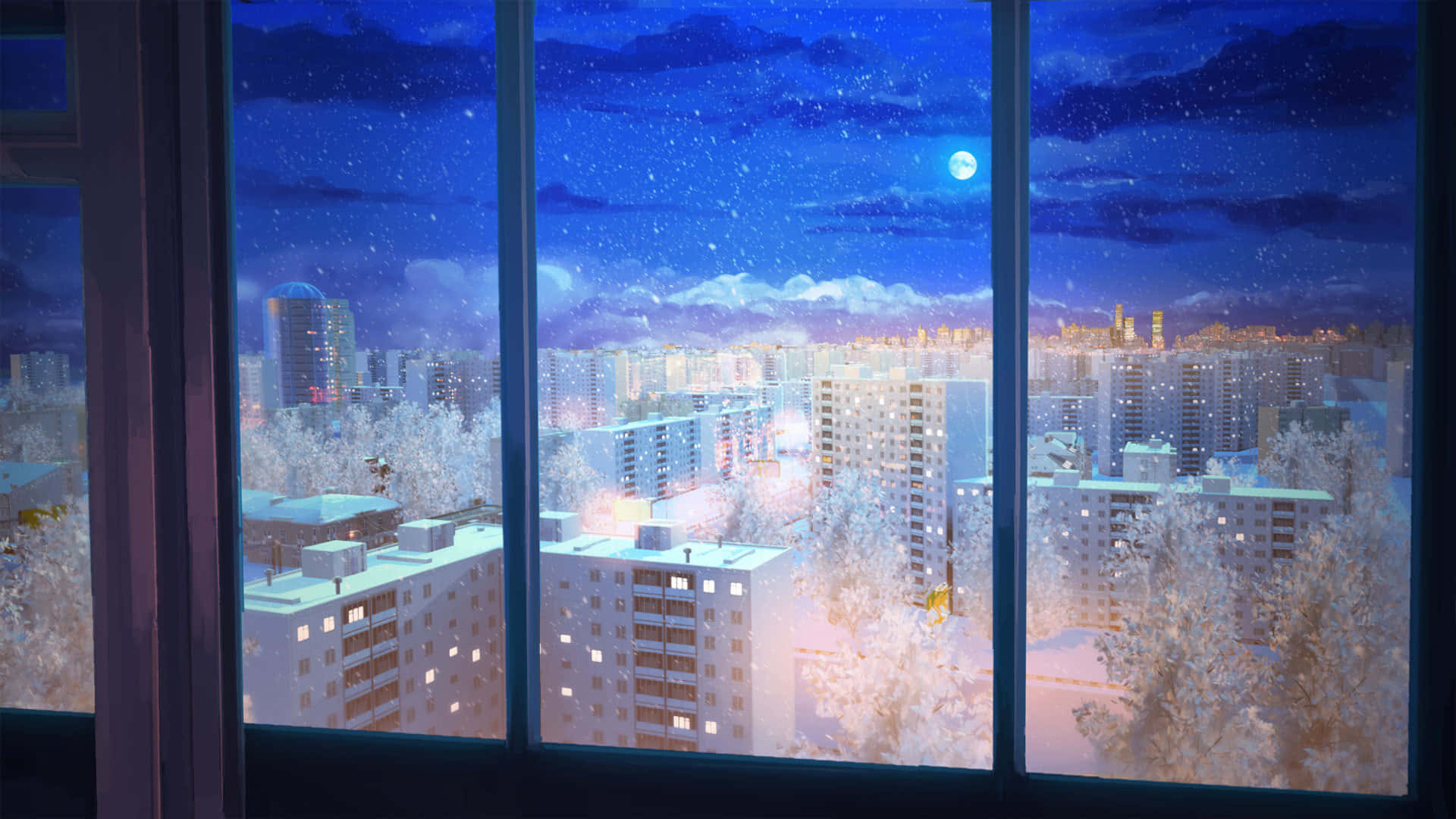 Doomer, snowy cityscape, night, Full HD Desktop Wallpaper