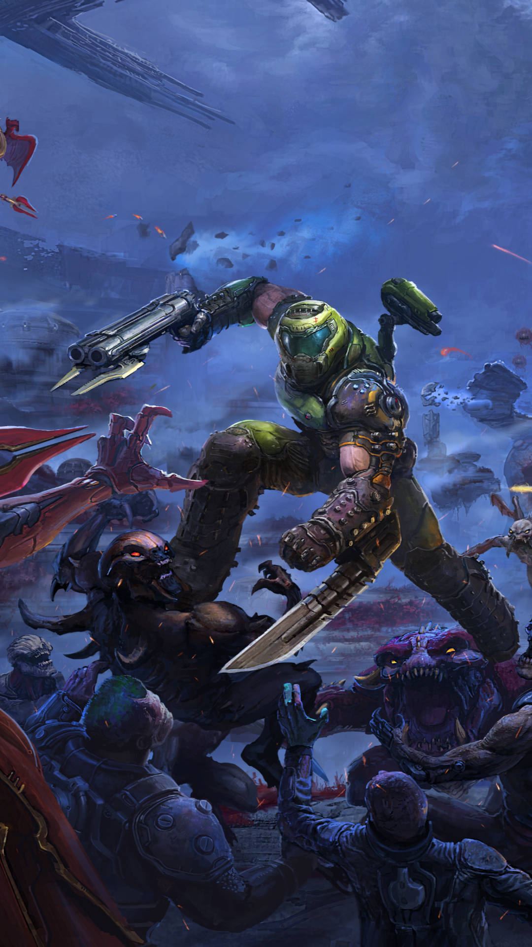 Doomguy, green-armored warrior, stormy alien battlefield, Full HD Phone Wallpaper