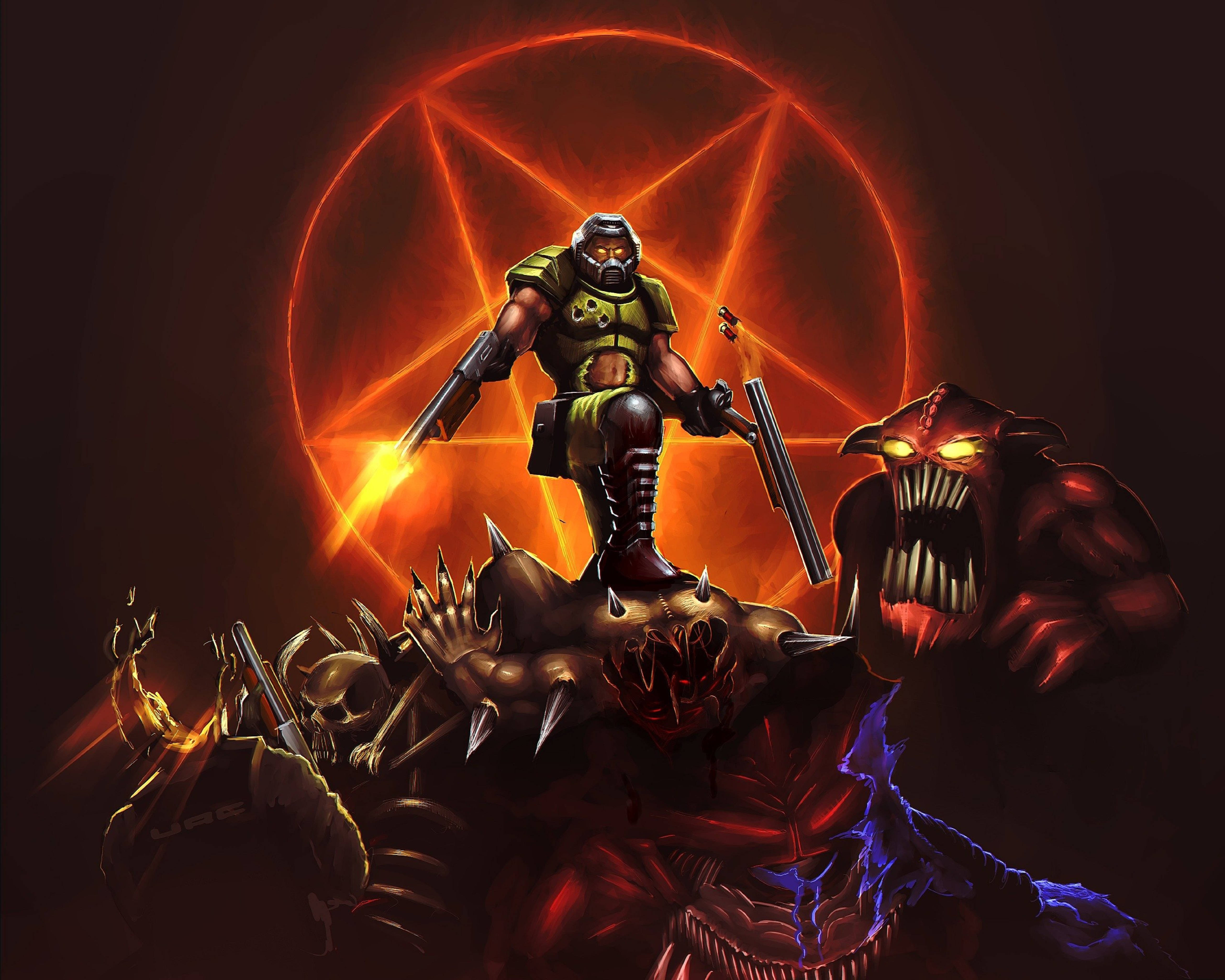 Doomguy, demon, glowing red pentagram, 5K Desktop Wallpaper