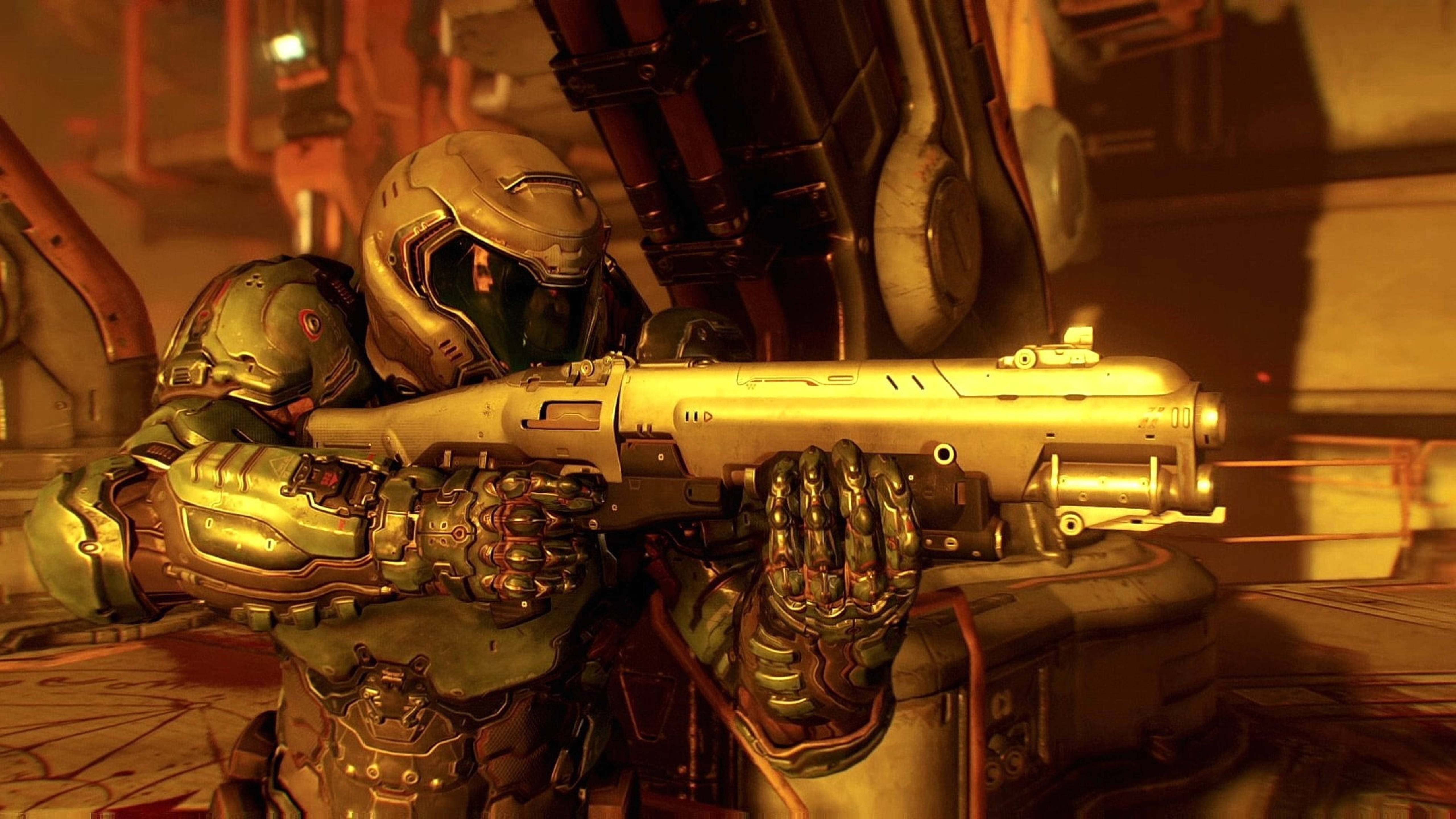 Doomguy, green and gold armor, heavy weapon, 5K Desktop Wallpaper