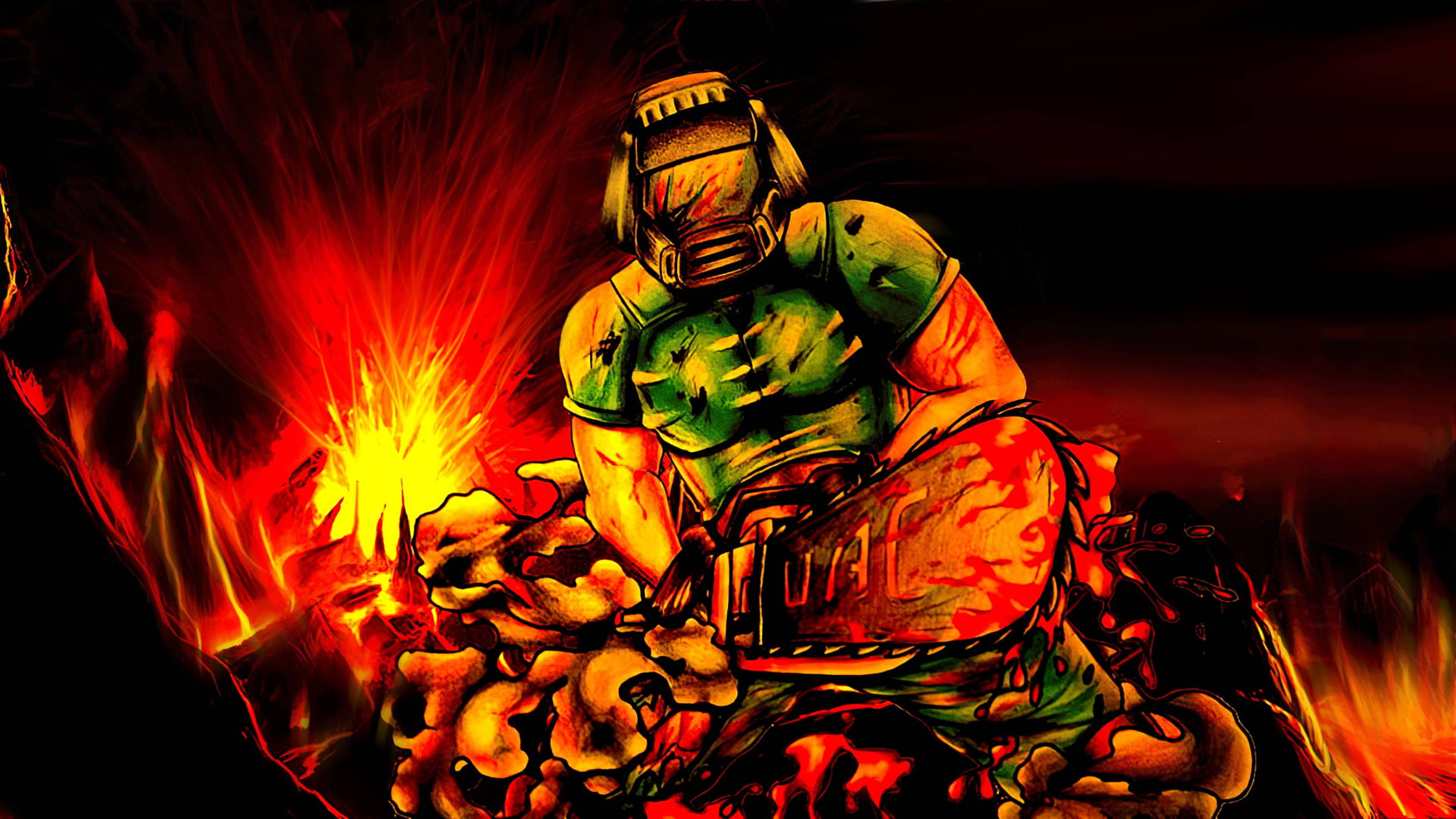 Doomguy, chainsaw, fiery explosions, 5K Desktop Wallpaper