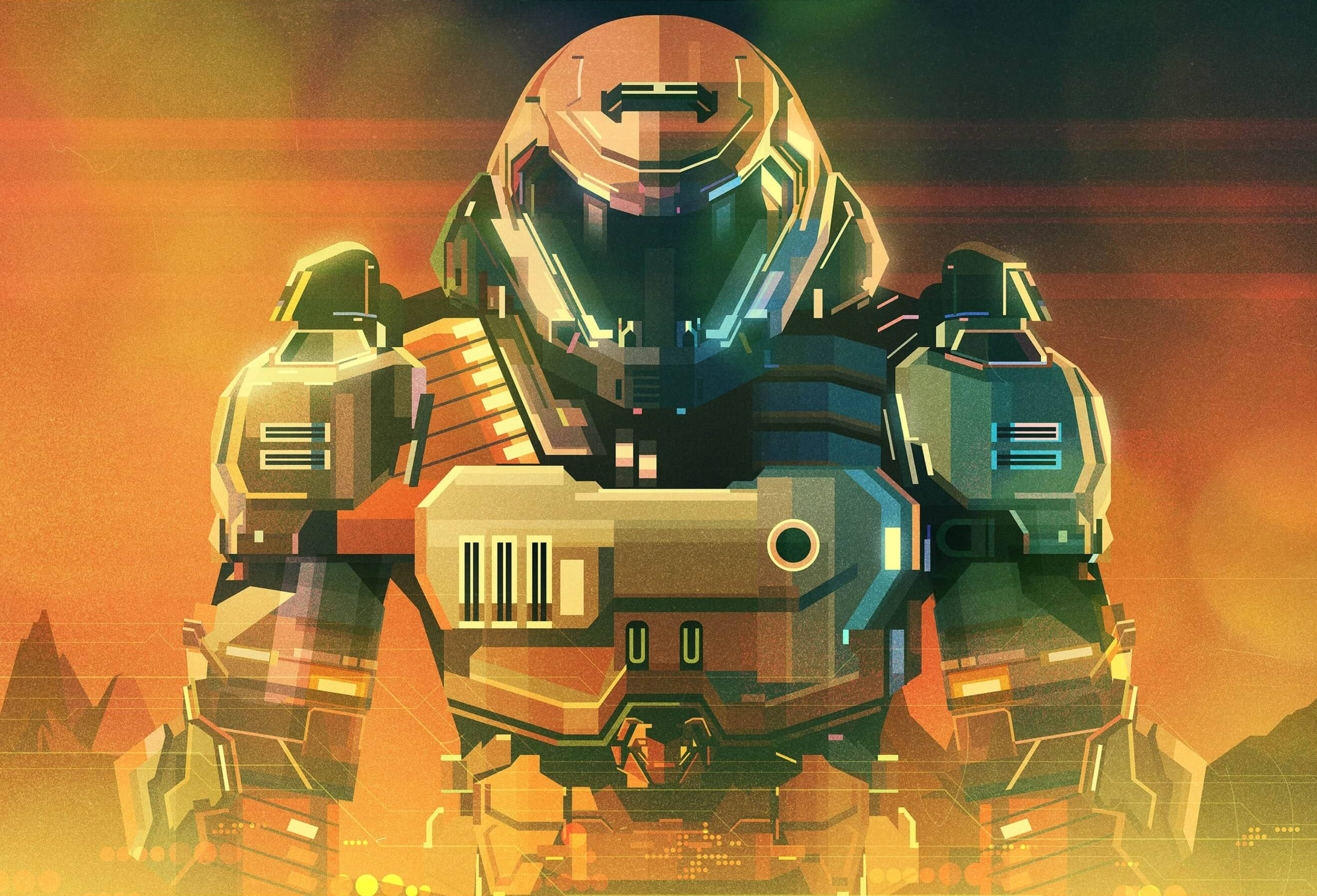 Doomguy, armored mech, glowing orange and teal sunset sky, 5K Desktop Wallpaper