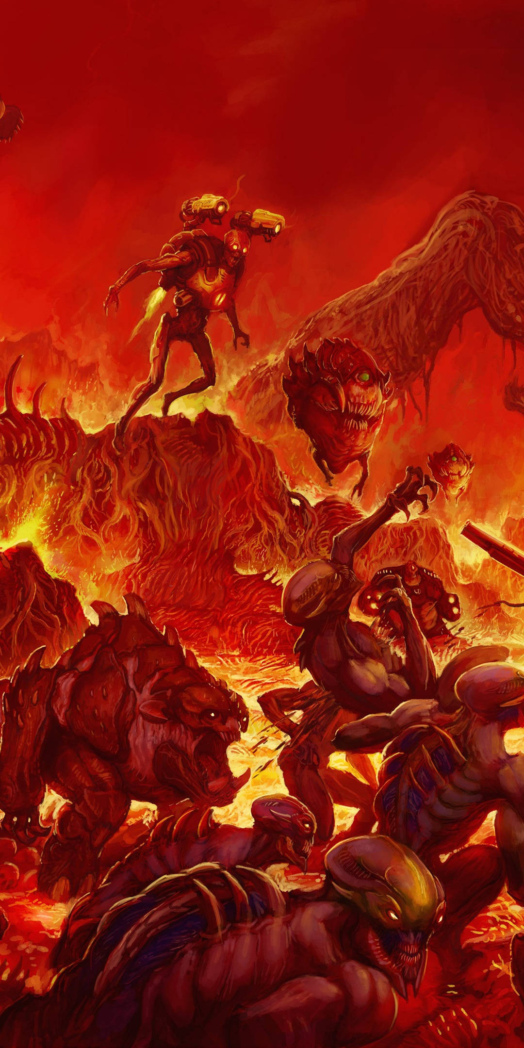 Doomguy, fiery mountain, hellish crimson landscape, Full HD Phone Wallpaper