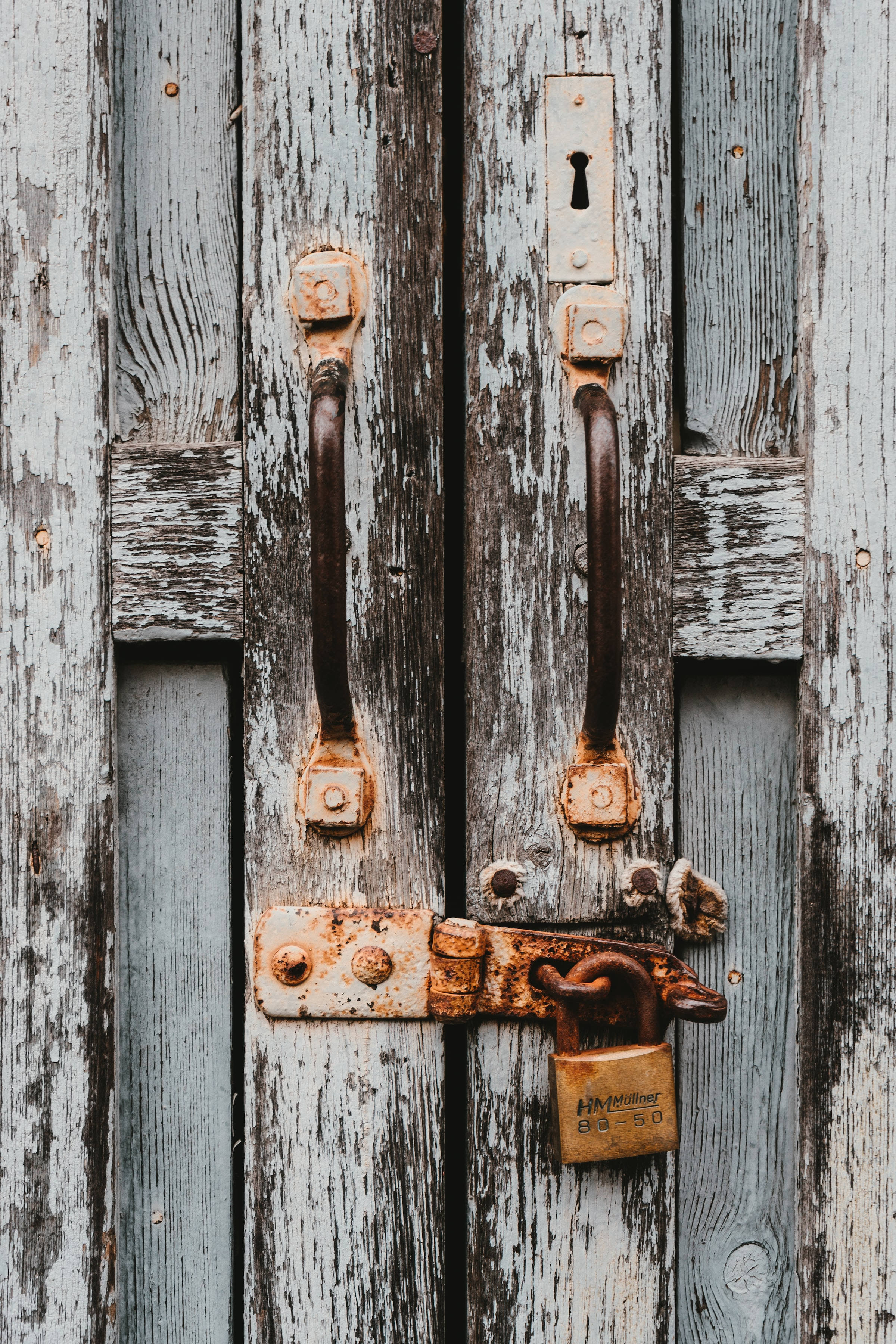 antique double door, rusted latch, peeling blue paint, 2K Phone Wallpaper