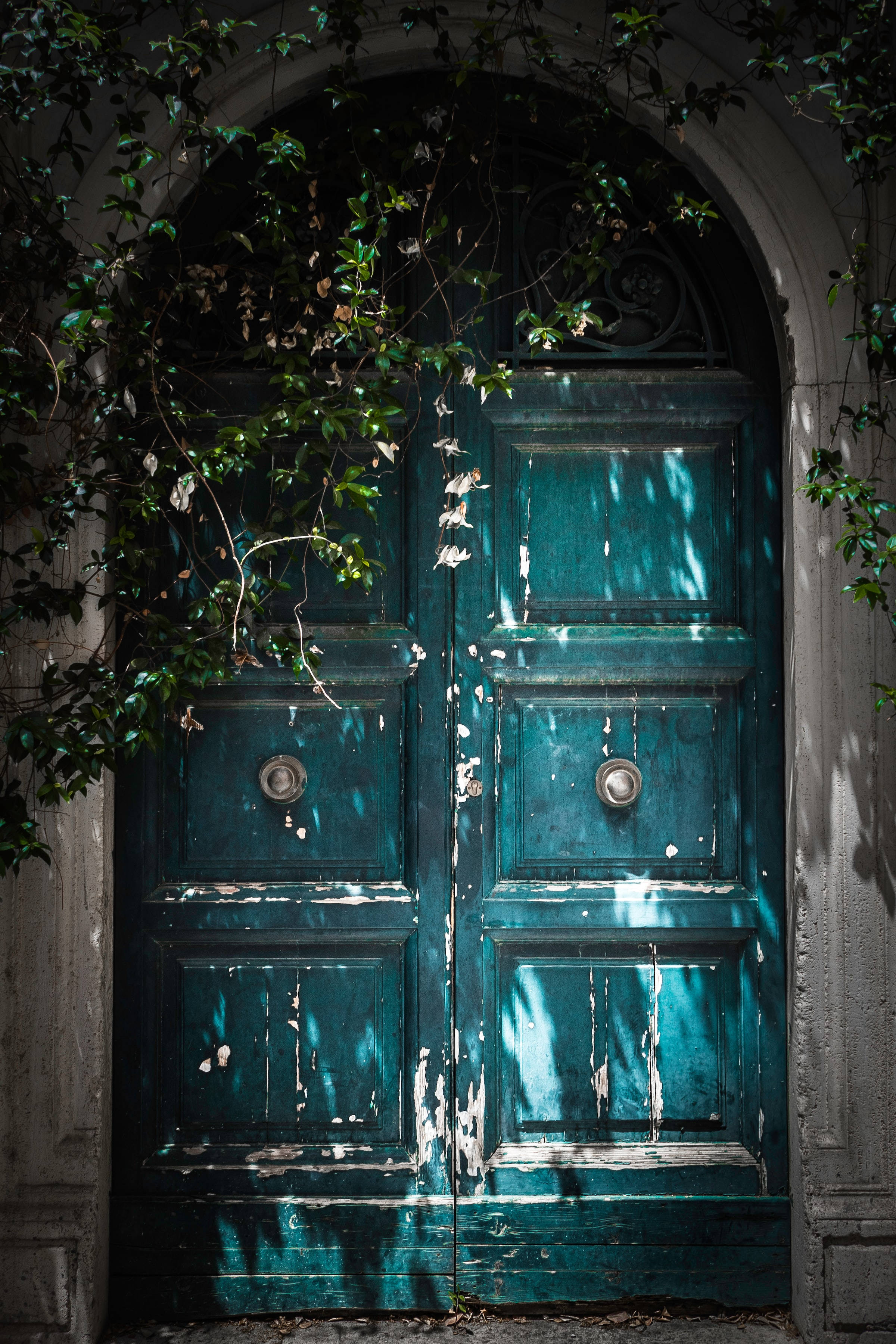 faded green wooden double door, vintage faded green wooden double door, weathered teal wooden door, 2K Phone Wallpaper
