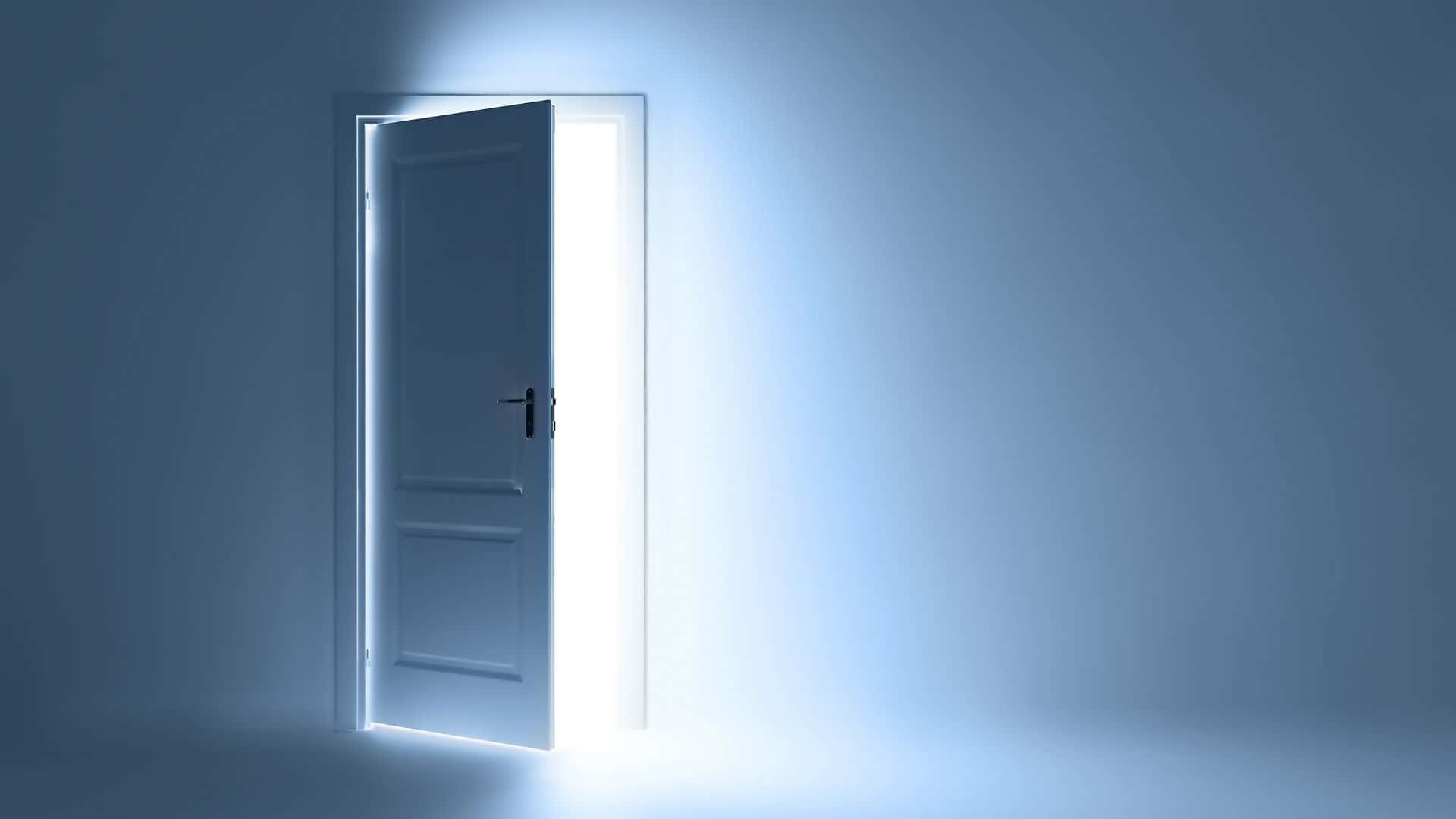 white door, dim blue room, bright white light, Full HD Desktop Wallpaper