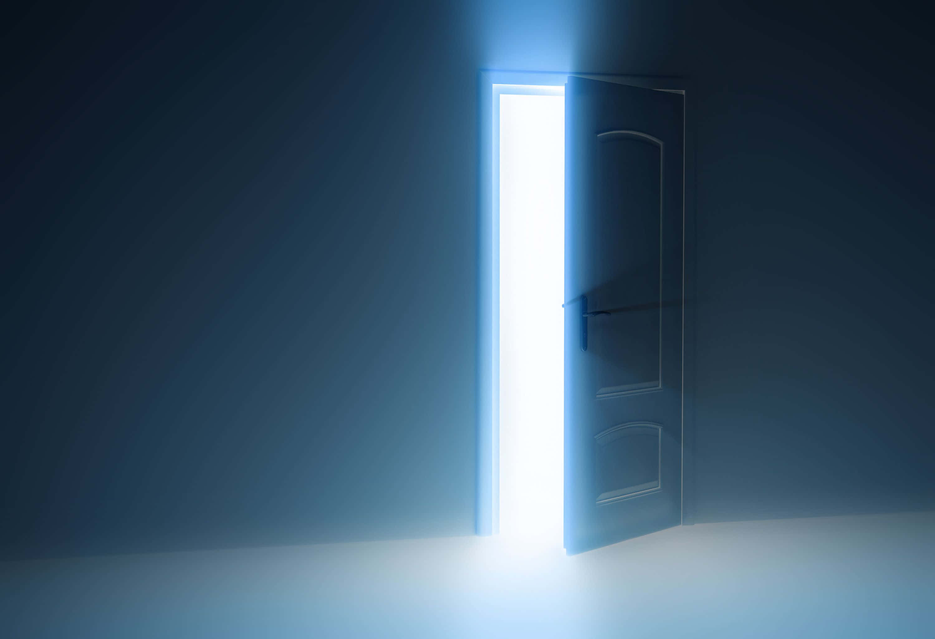 door, dim blue room, brilliant white light, 2K Desktop Wallpaper