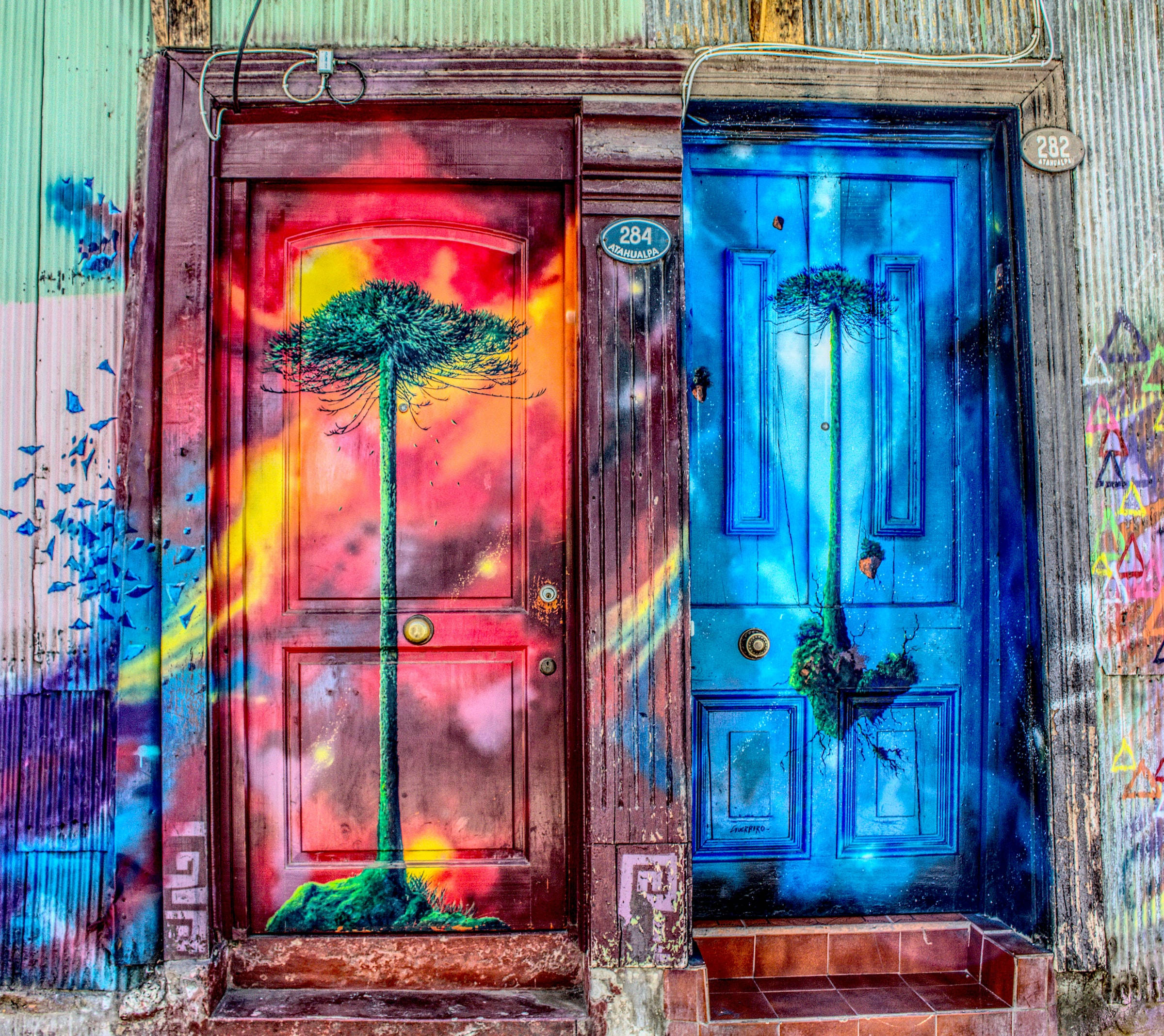 painted doors, vibrant surreal trees, fiery cosmic skies, Full HD Desktop Wallpaper