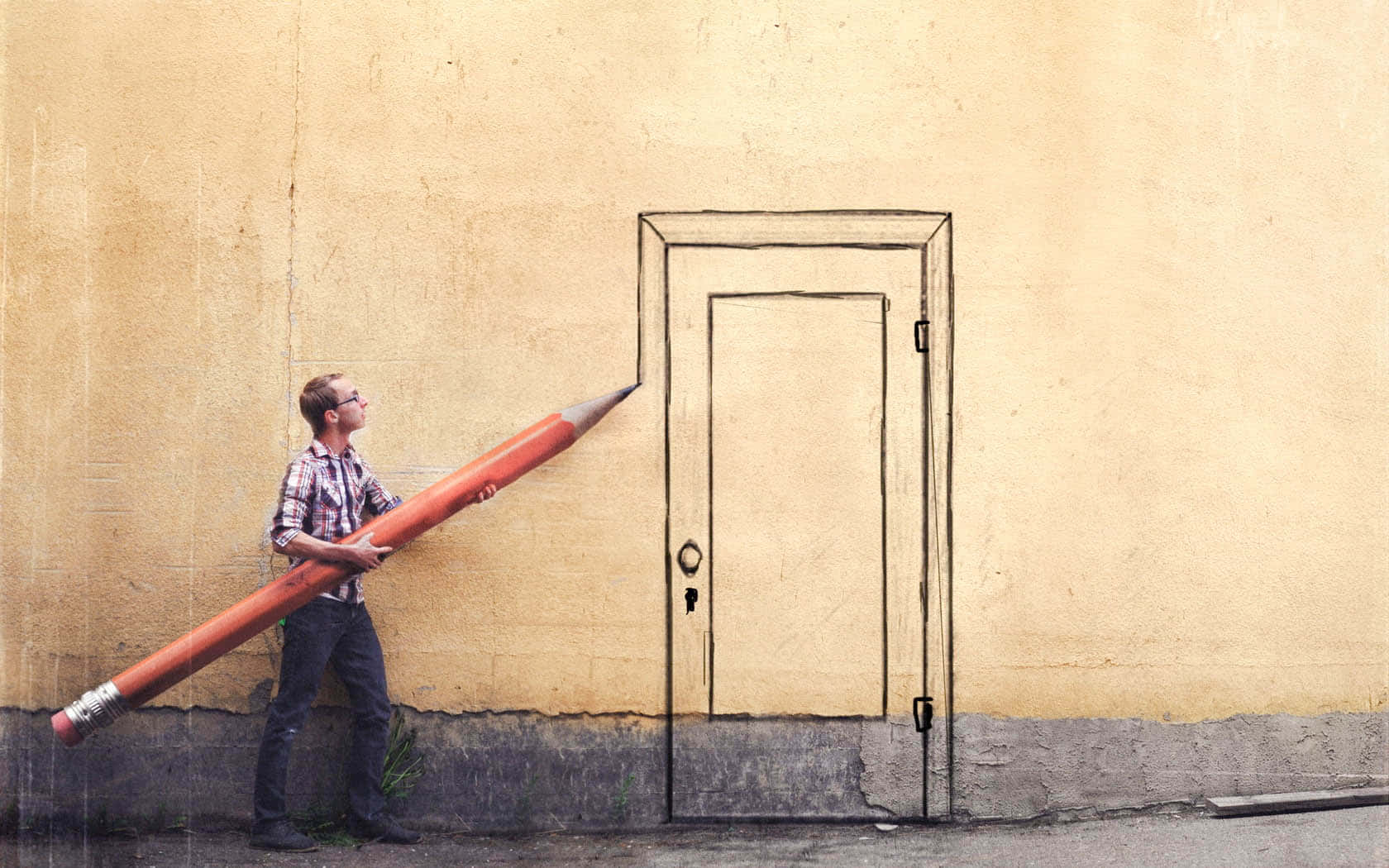 giant orange pencil, weathered yellow wall, door, HD Desktop Wallpaper