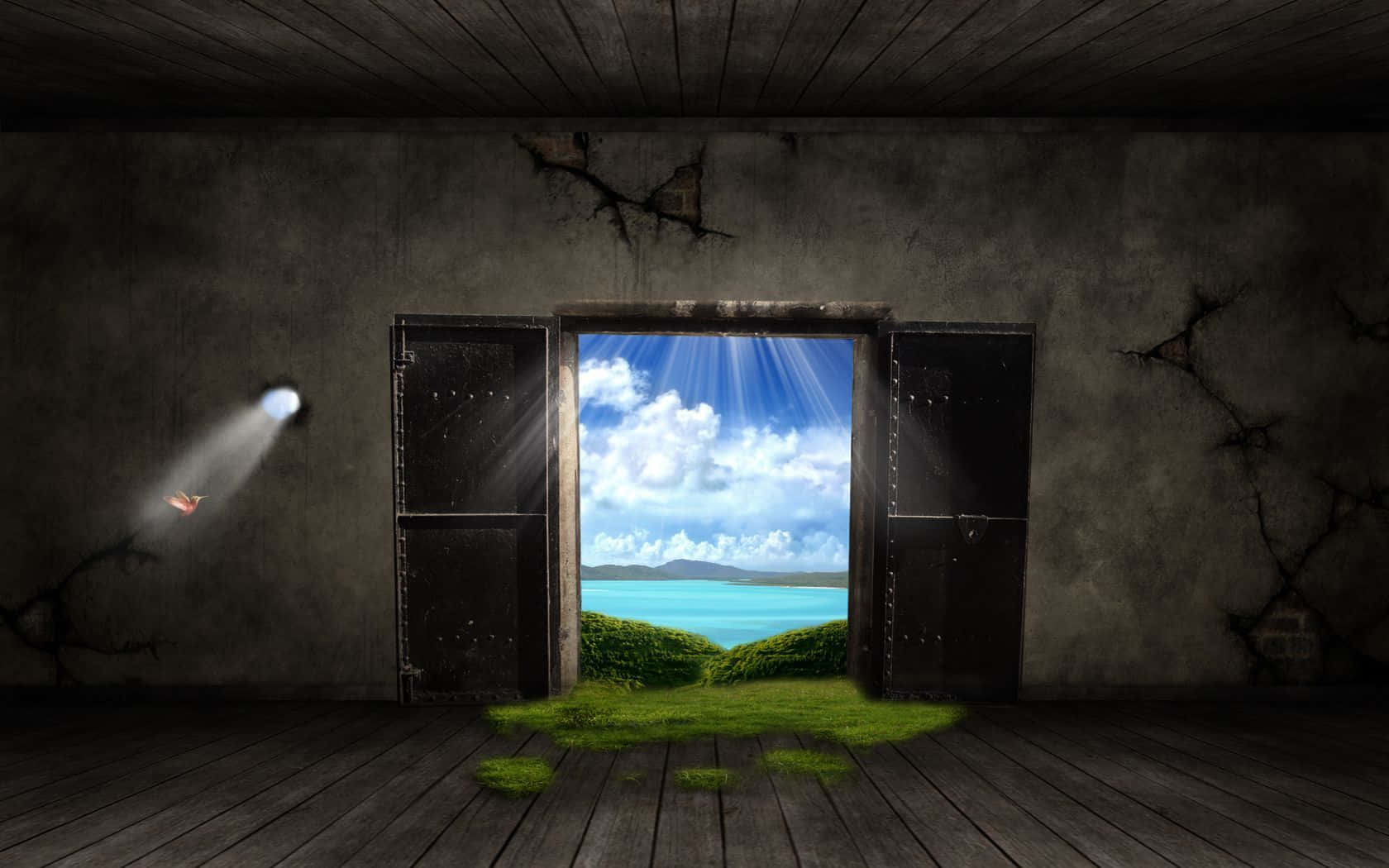 cracked concrete room, open doors, vibrant turquoise sea, HD Desktop Wallpaper