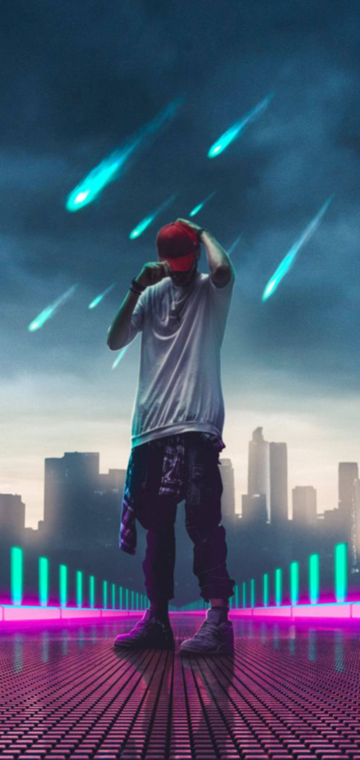 Sad Boy Dope iPhone, red cap, glowing grid, 2K Phone Wallpaper