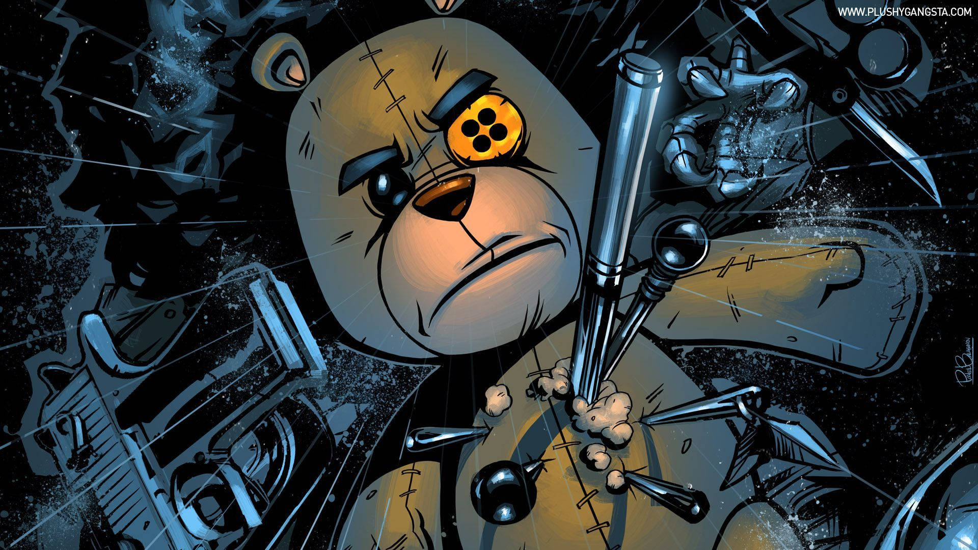 Dope Cartoon, Armored Bear Toy, glowing eyes, Full HD Desktop Wallpaper