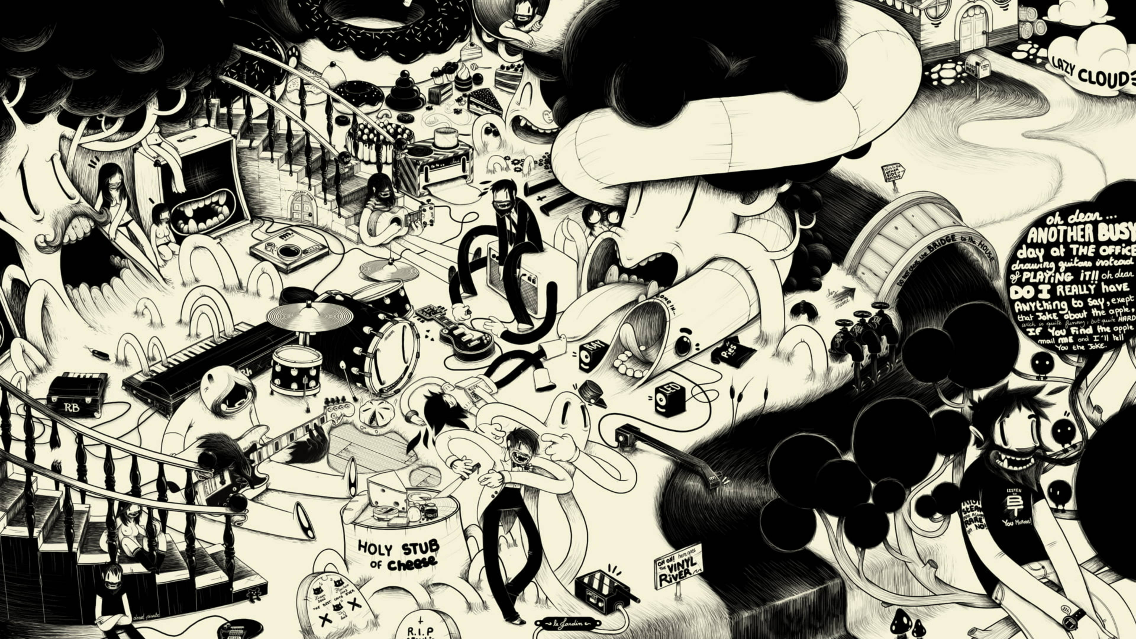 doodle, psychedelic, black and white, 4K Desktop Wallpaper