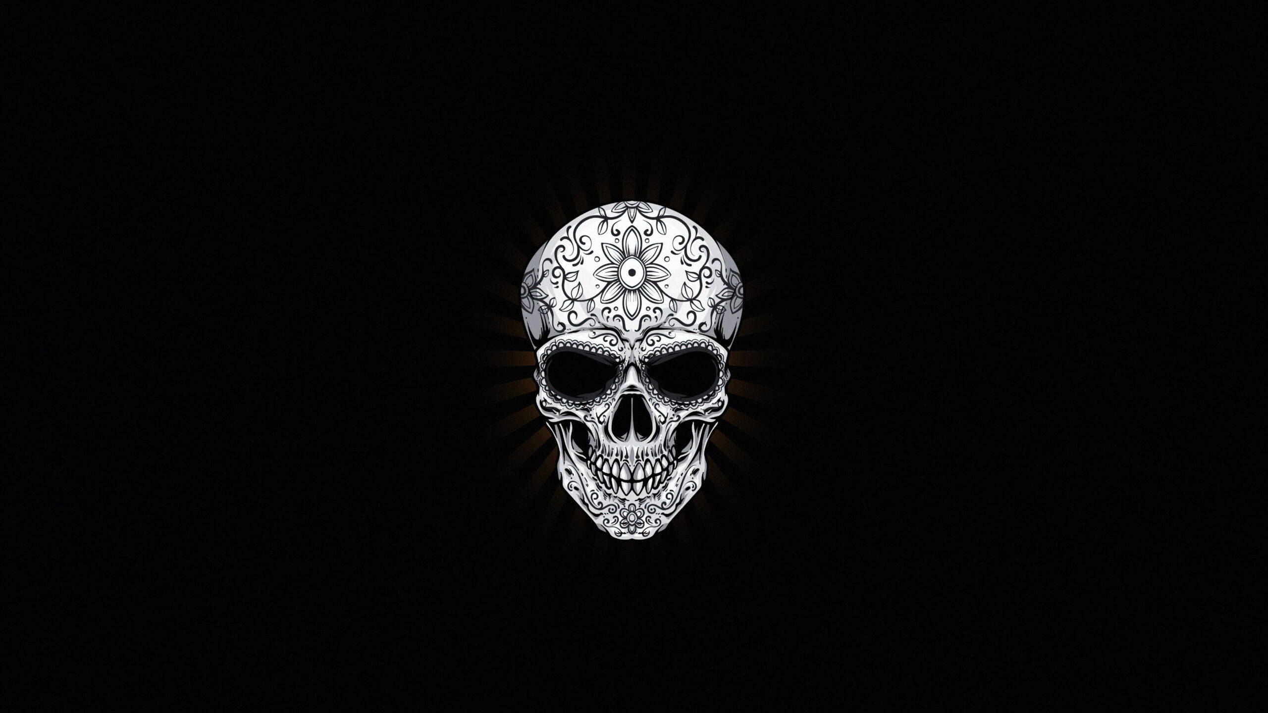 sugar skull, glowing rays, pure black background, 2K Desktop Wallpaper