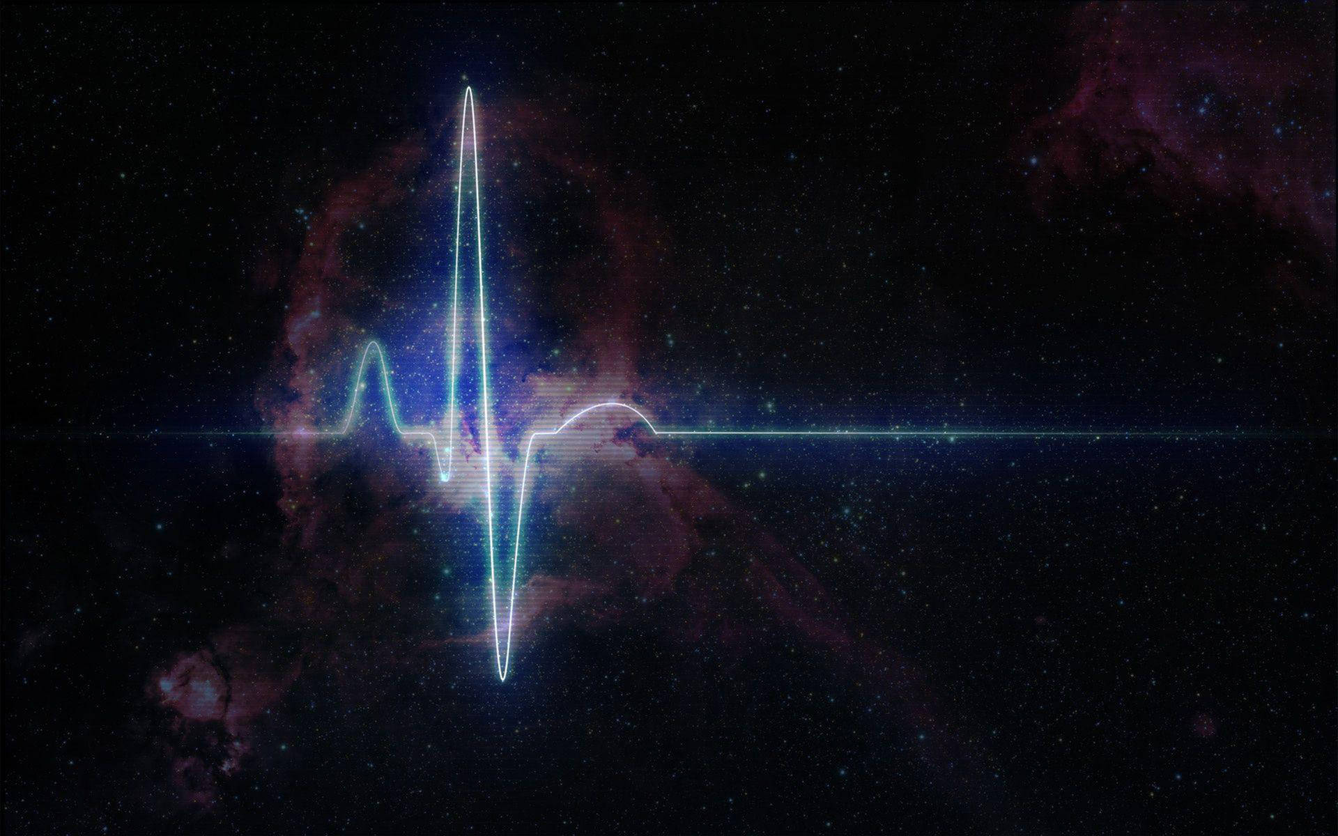glowing blue heartbeat line, starry cosmic nebula, purple and pink clouds, Full HD Desktop Wallpaper