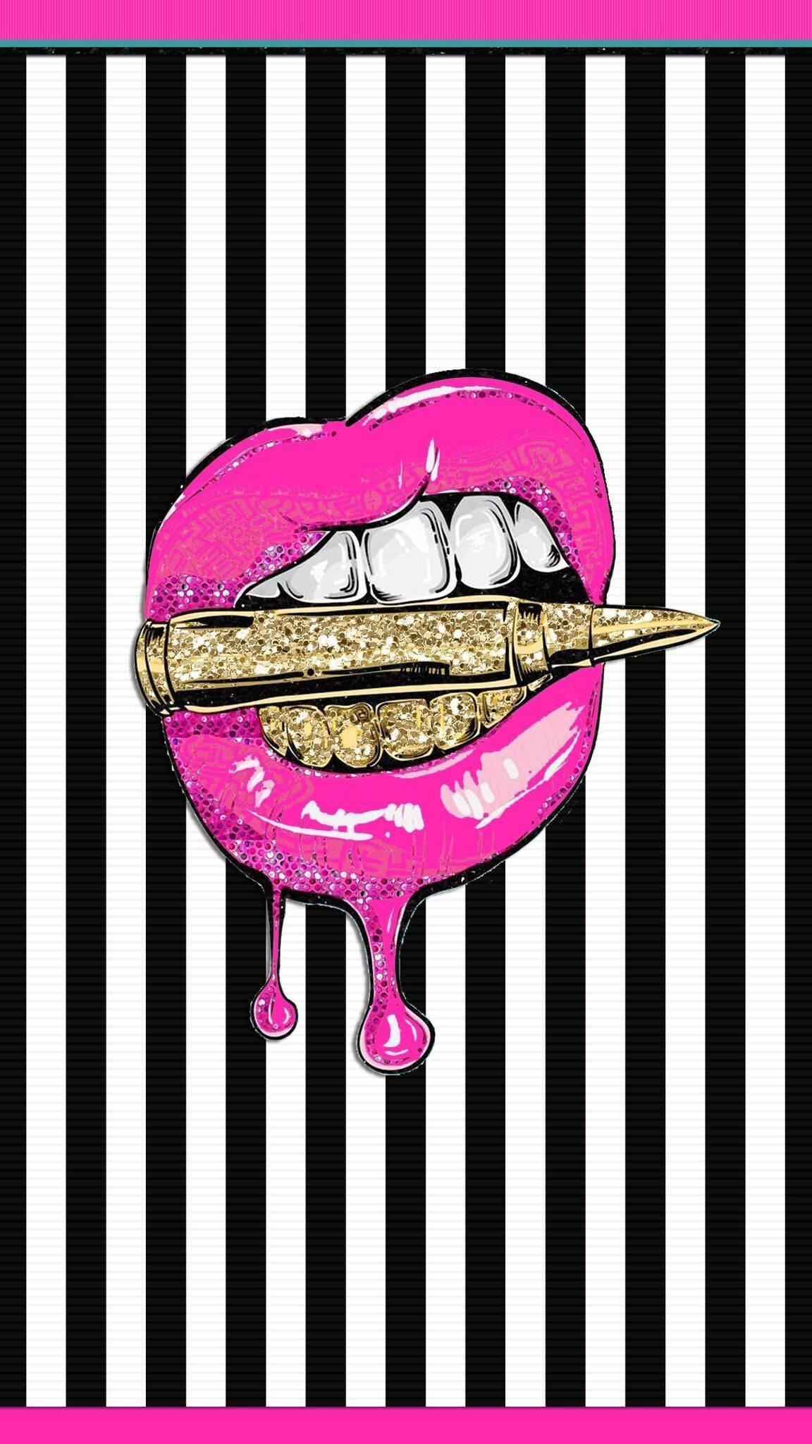 pink lipstick, black and white stripe, glittery gold teeth, Full HD Phone Wallpaper