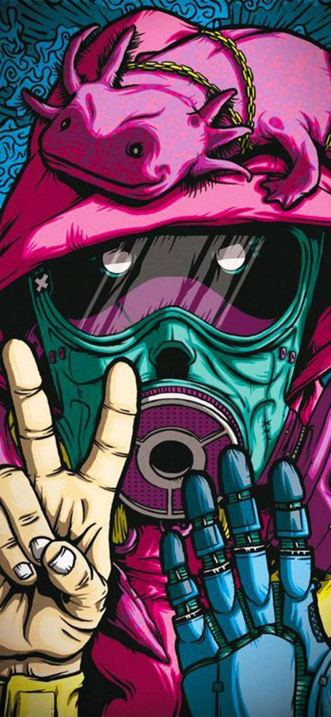 dope desktop, pink axolotl, teal gas mask, Full HD Phone Wallpaper