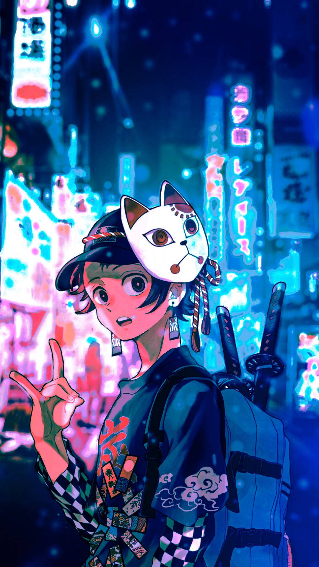 anime girl, cat mask, katana, Full HD Phone Wallpaper