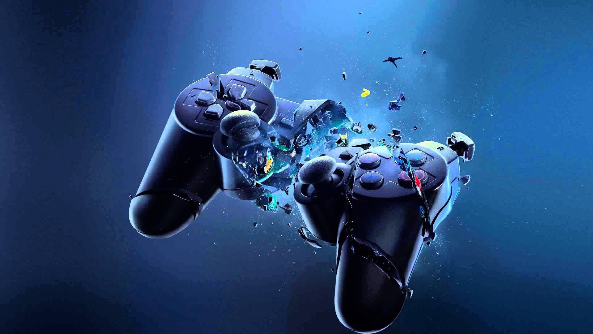 black game controllers, deep blue gradient background, glowing particles, Full HD Desktop Wallpaper