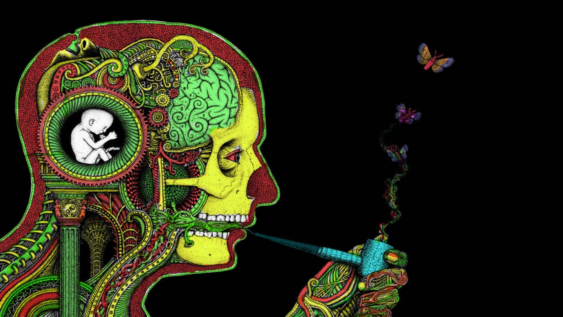 psychedelic illustration, human head, fetus inside a gear, Full HD Desktop Wallpaper