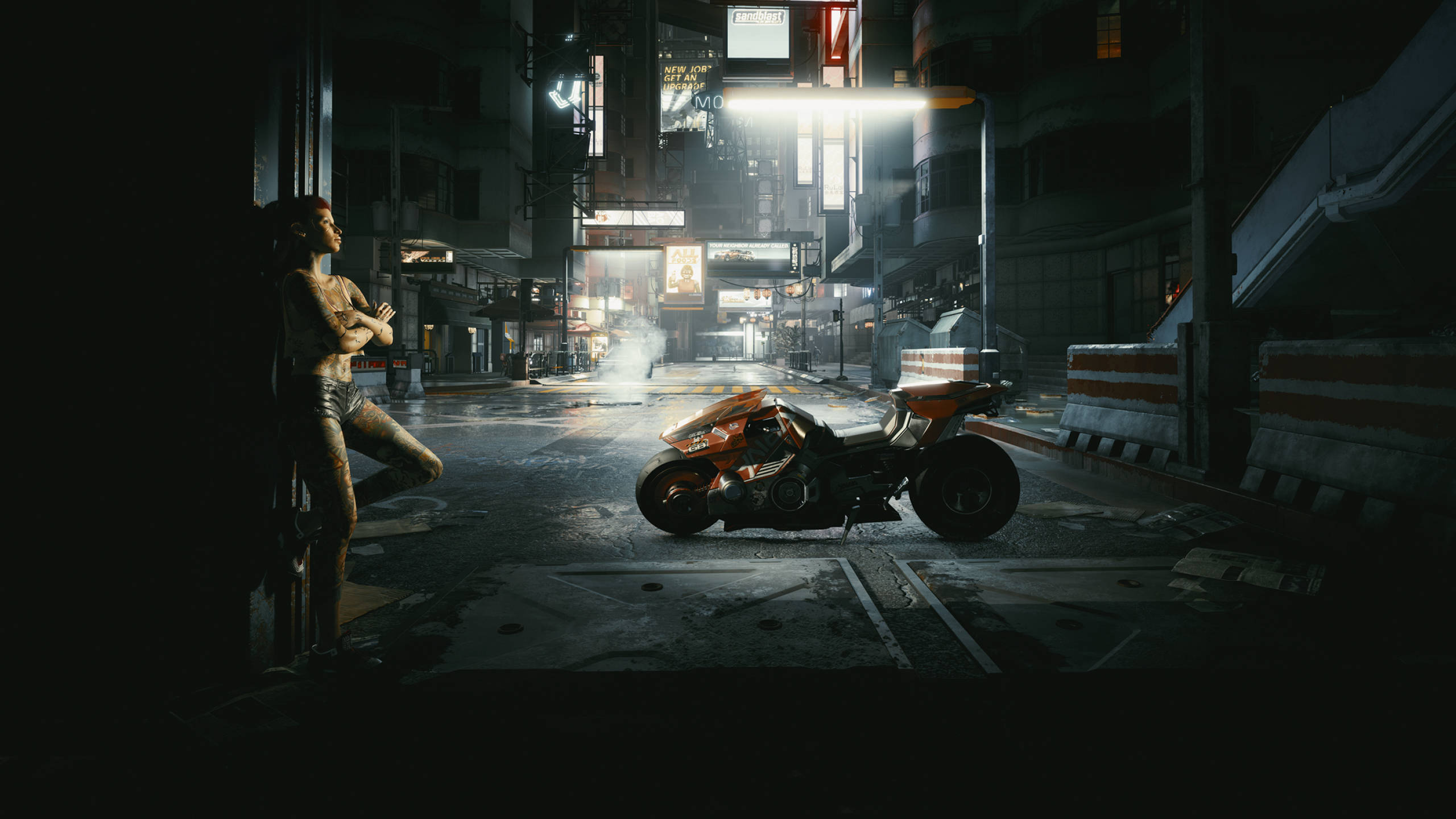 Dope Desktop, neon-lit, rain-soaked urban alley, 2K Desktop Wallpaper
