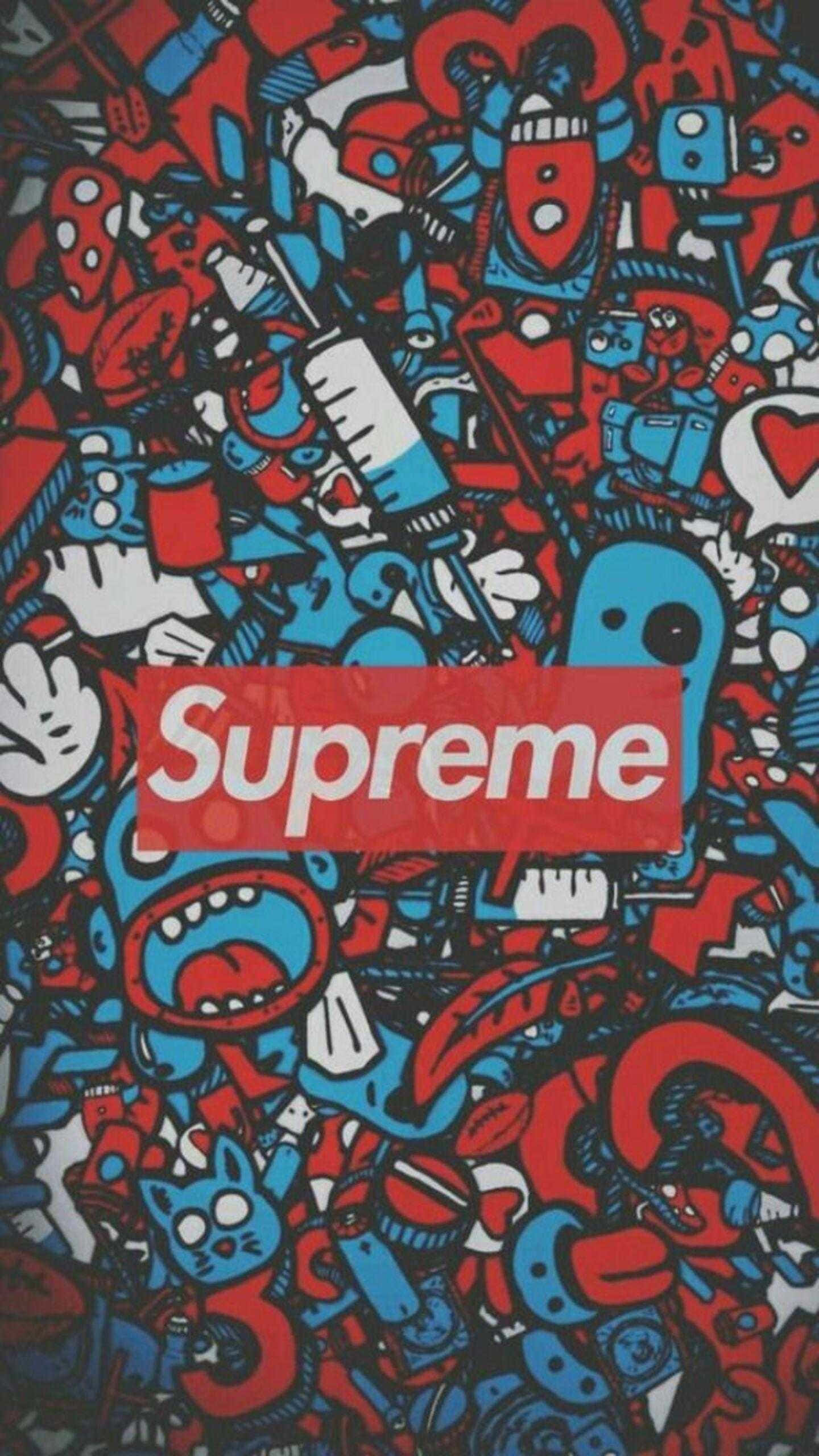 Dope Gangster, red Supreme logo, chaotic red and blue cartoon doodle pattern, 2K Phone Wallpaper