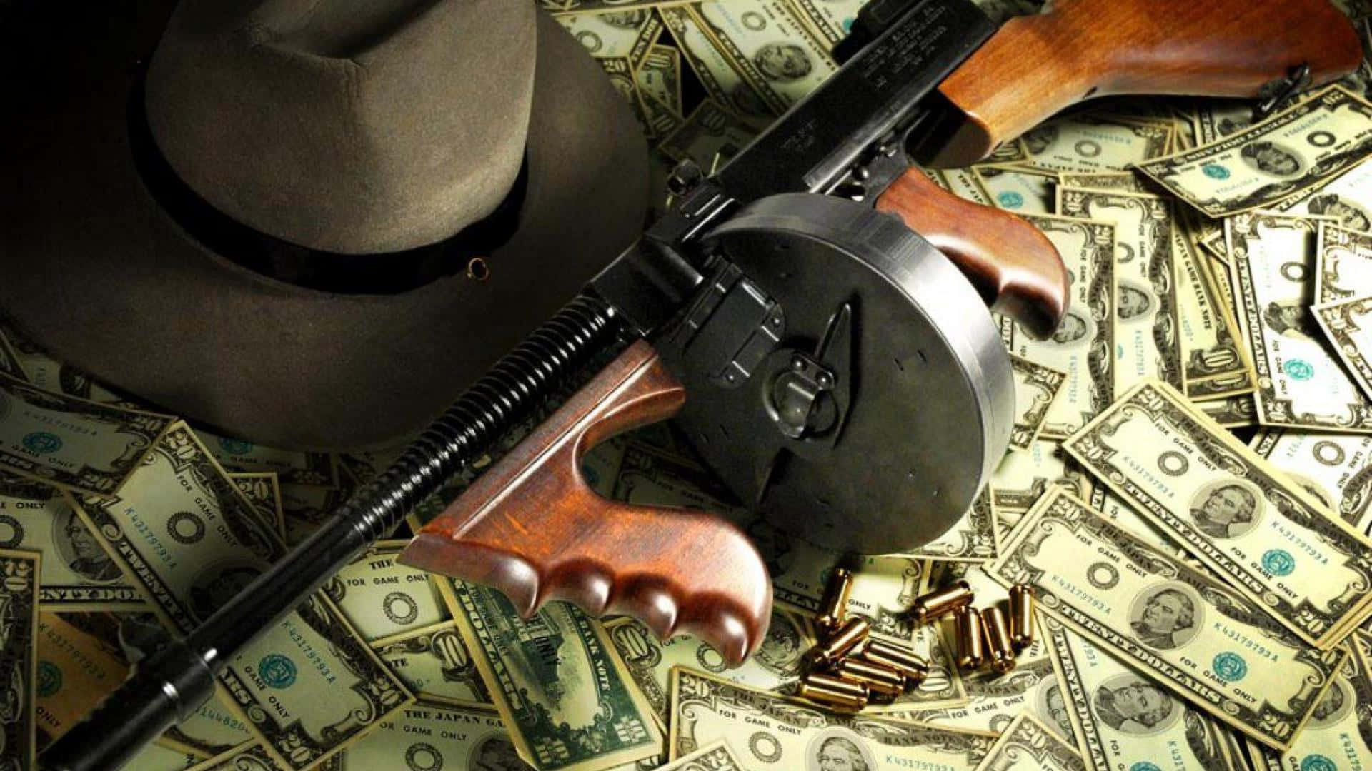 vintage submachine gun, cowboy hat, US dollar bills, Full HD Desktop Wallpaper