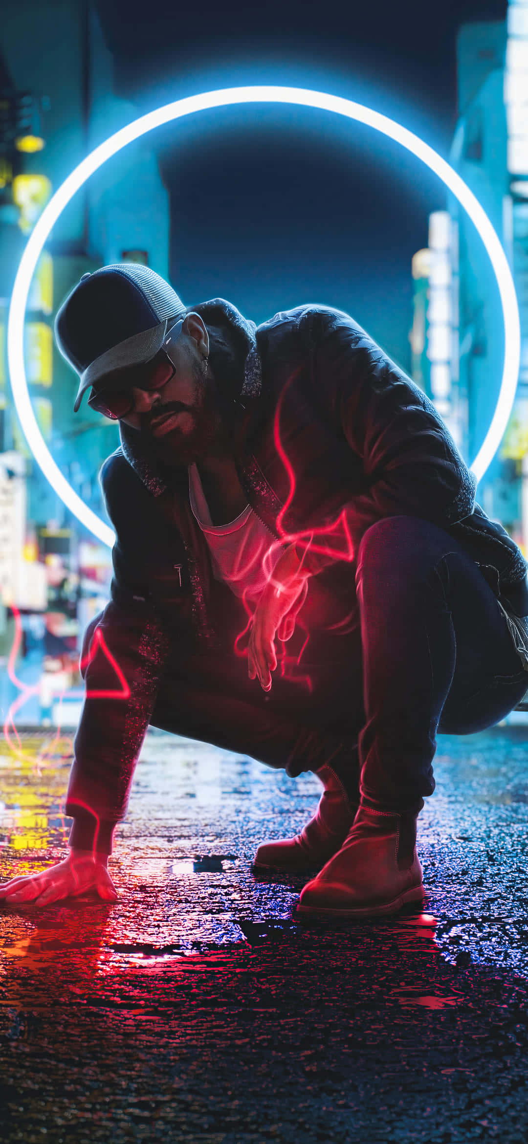 neon light, glowing blue ring, red energy trails, Full HD Phone Wallpaper