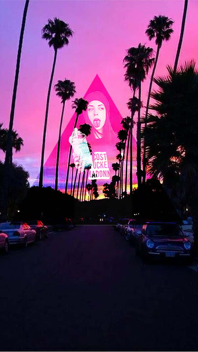 neon pink pyramid, woman with tongue out, text, HD Phone Wallpaper