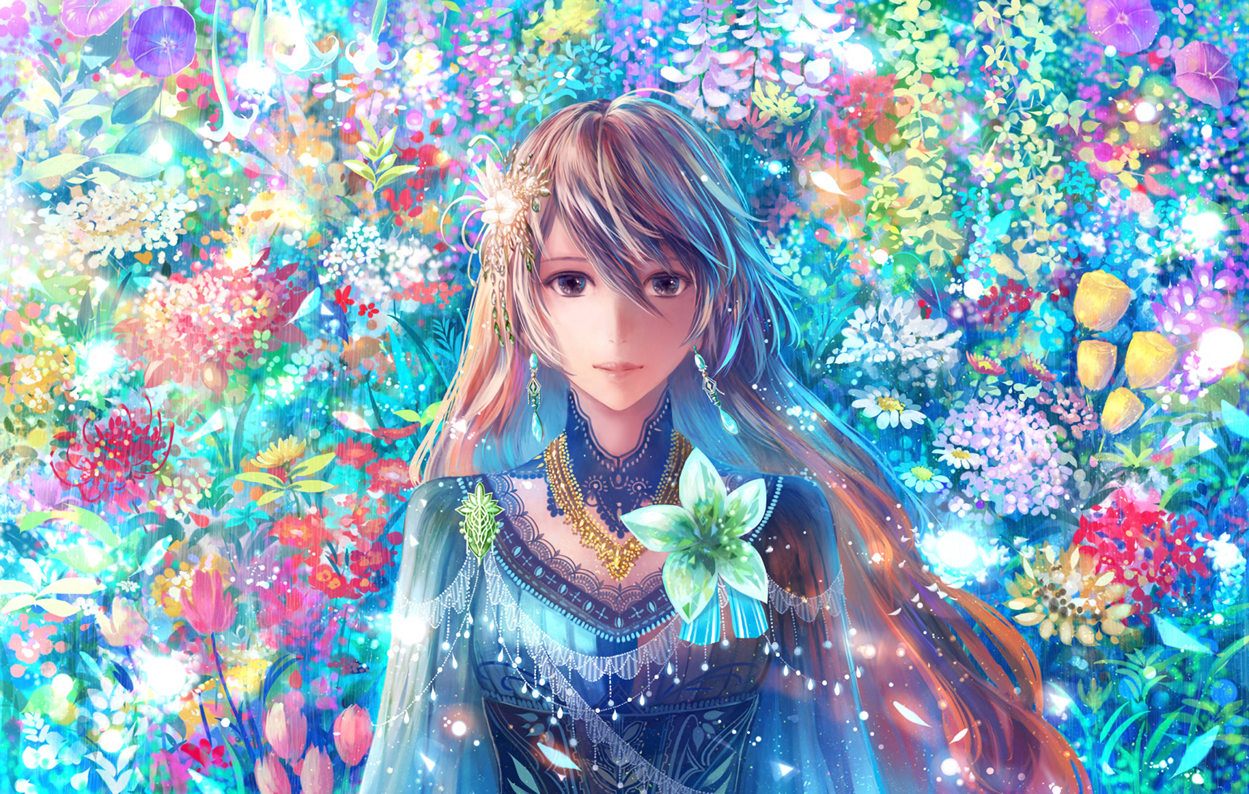 anime girl, colorful petals, vibrant glowing field, 2K Desktop Wallpaper
